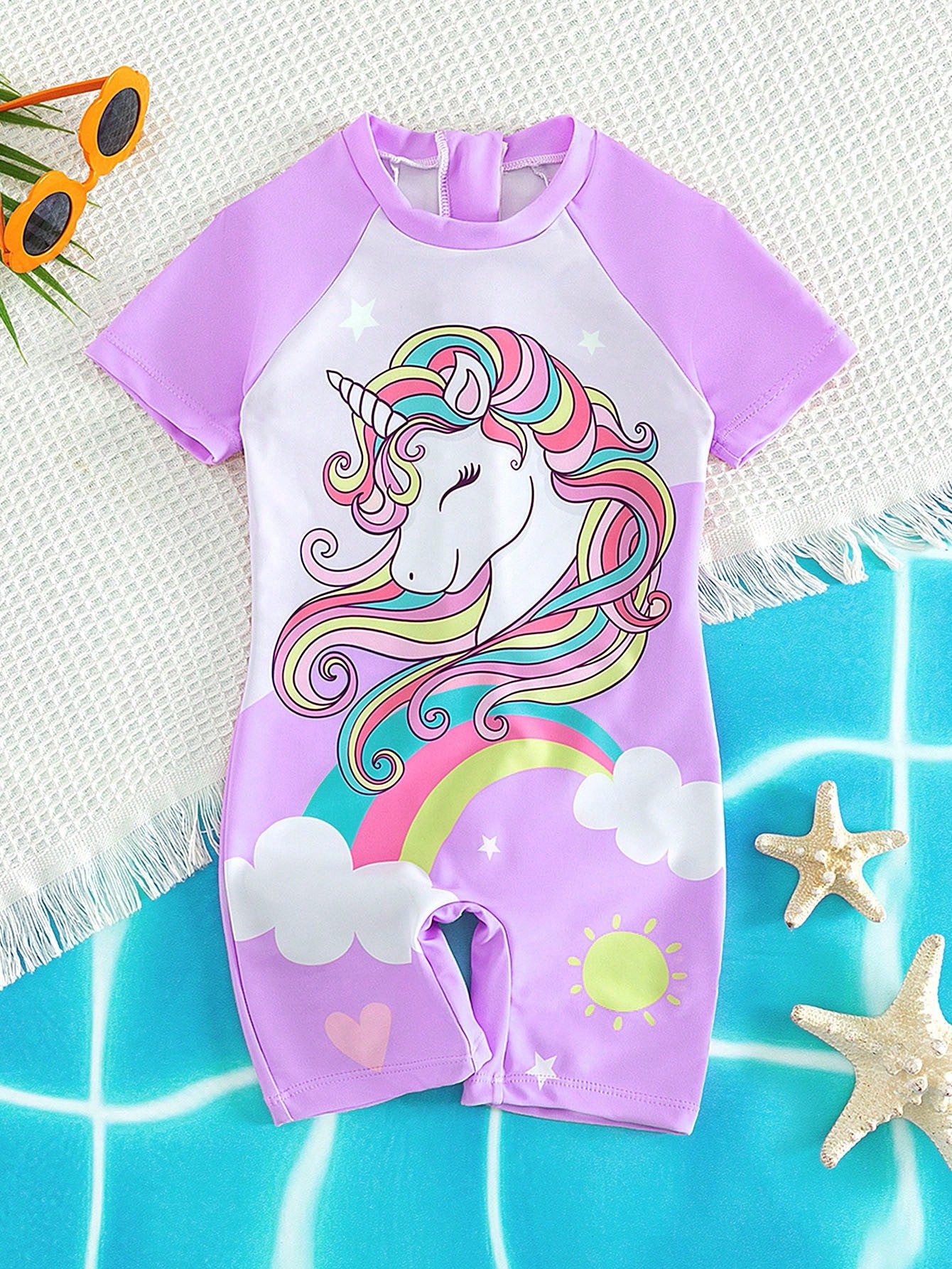 Young Girl Unicorn Print Zipper Back One Piece Swimsuit