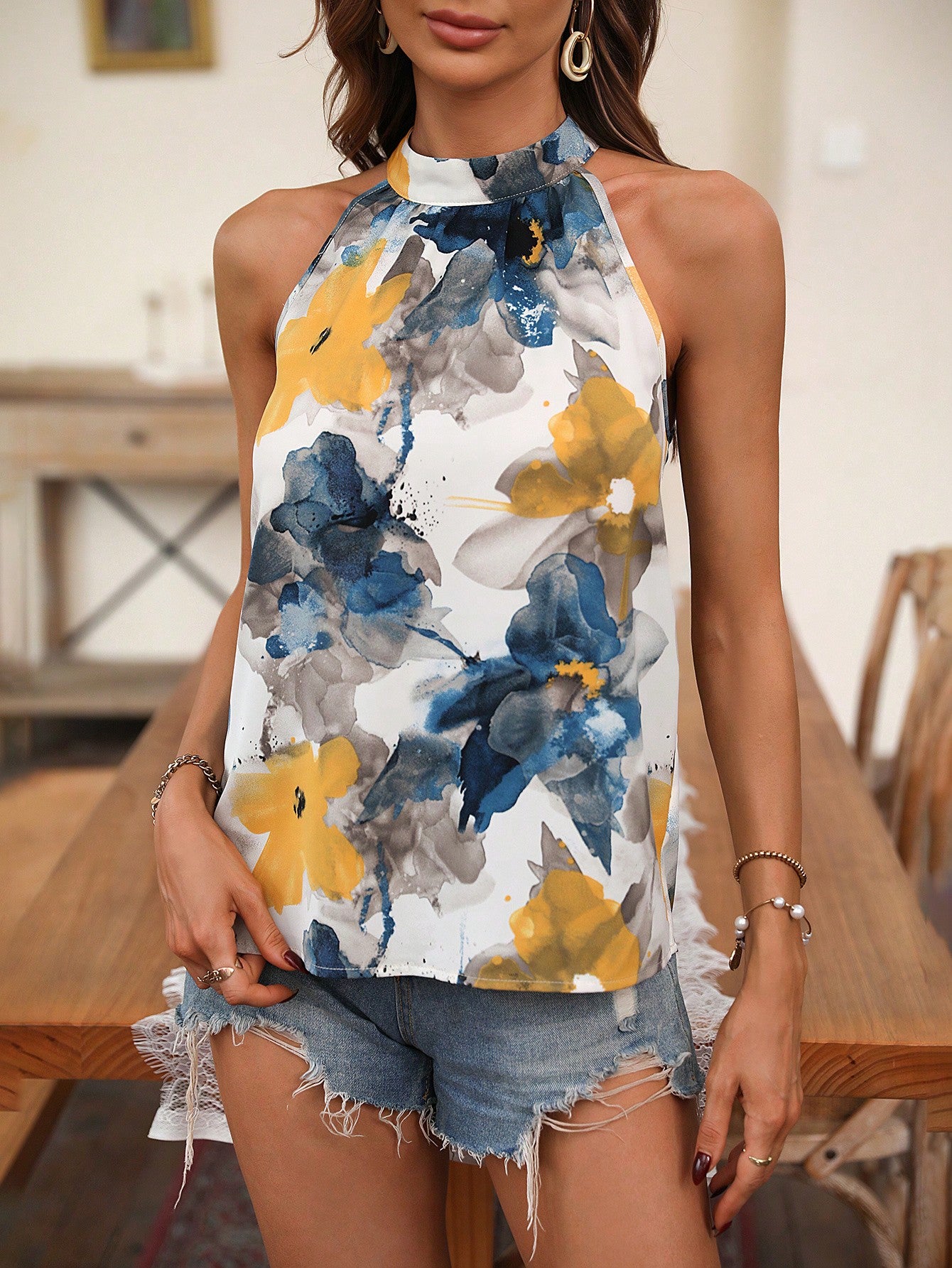 Holidaya Floral Print Keyhole Back Halter Neck Blouse