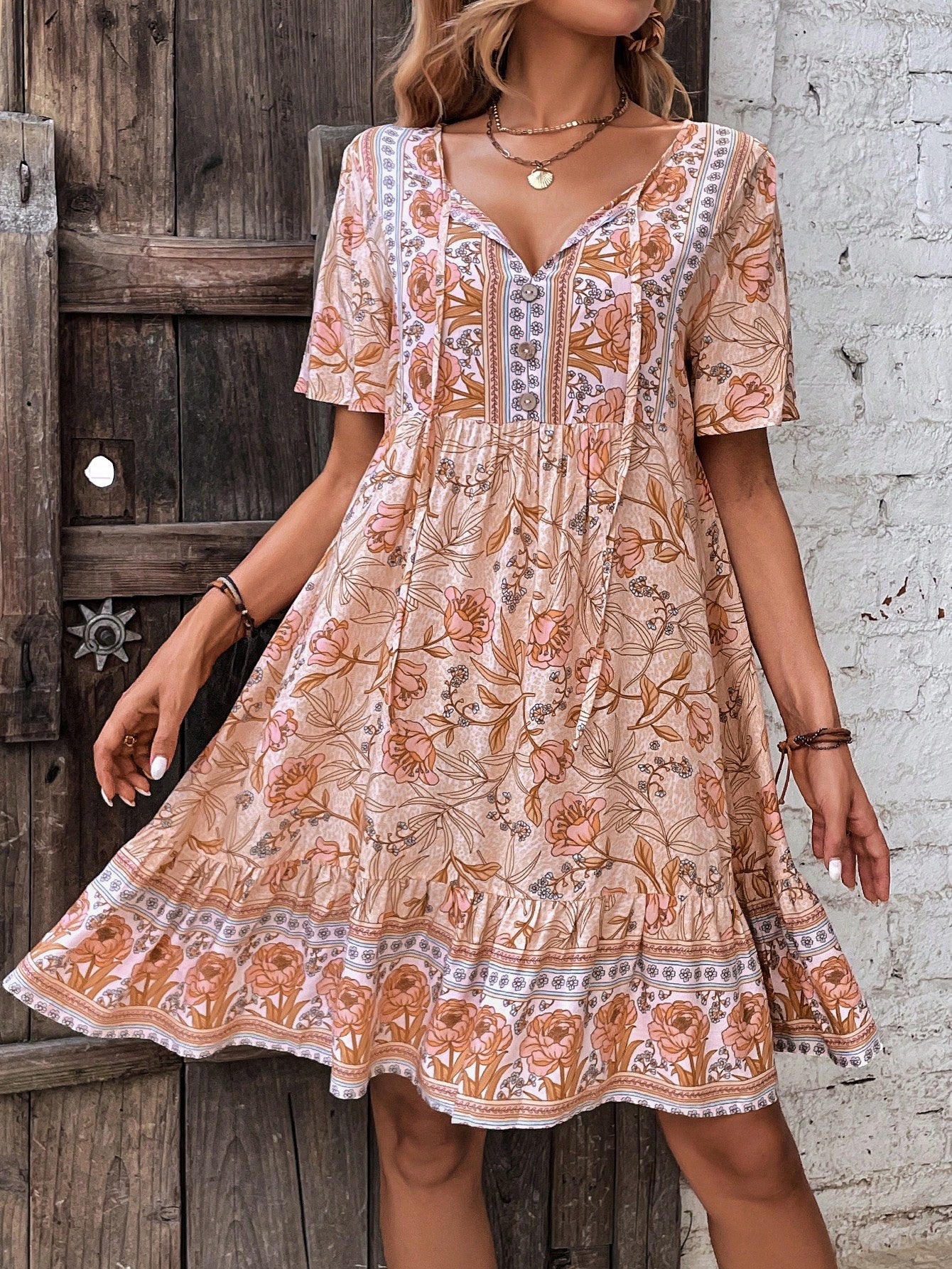 LUNE Floral Print Tie Neck Ruffle Hem Smock Dress