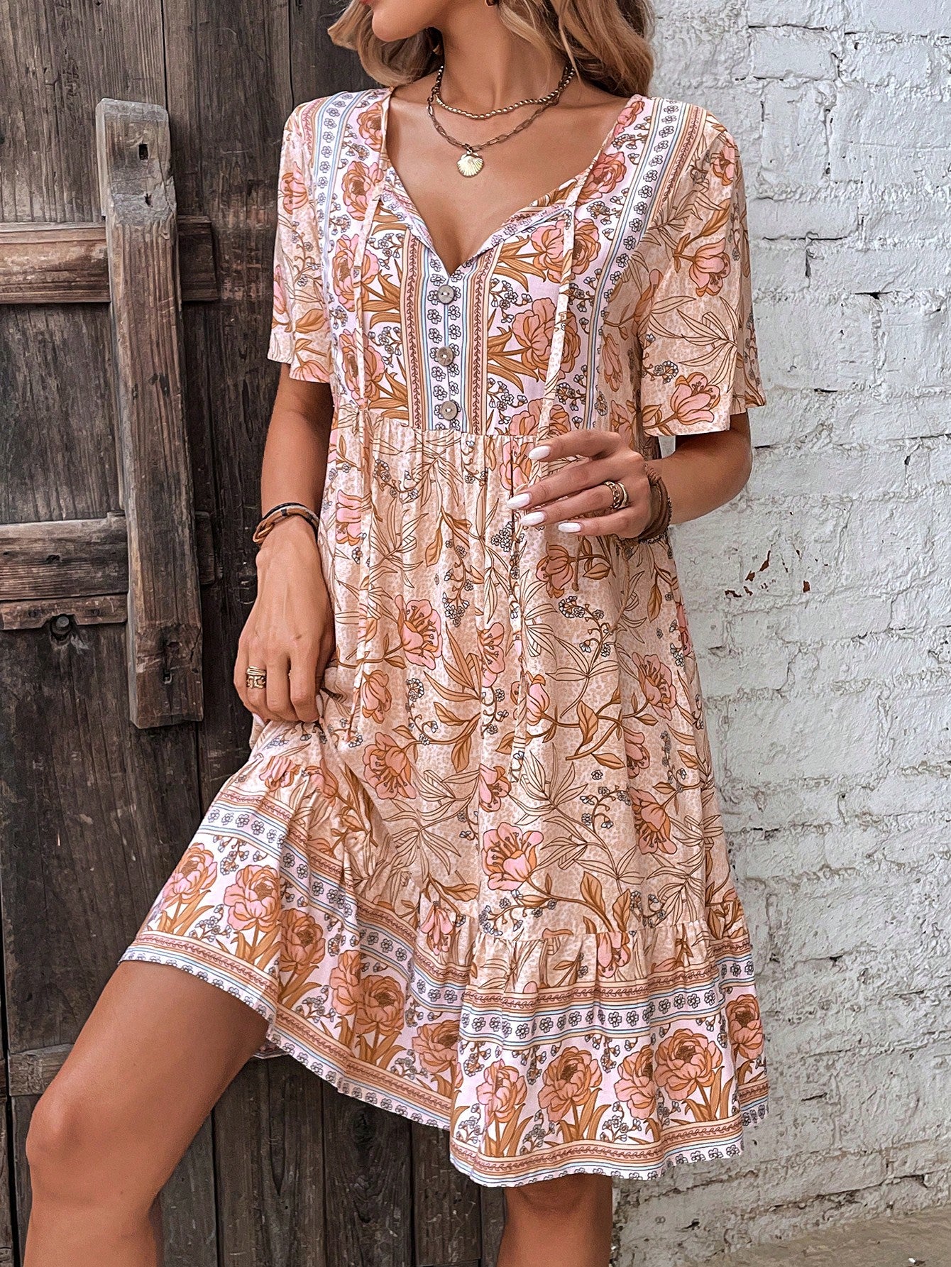 LUNE Floral Print Tie Neck Ruffle Hem Smock Dress