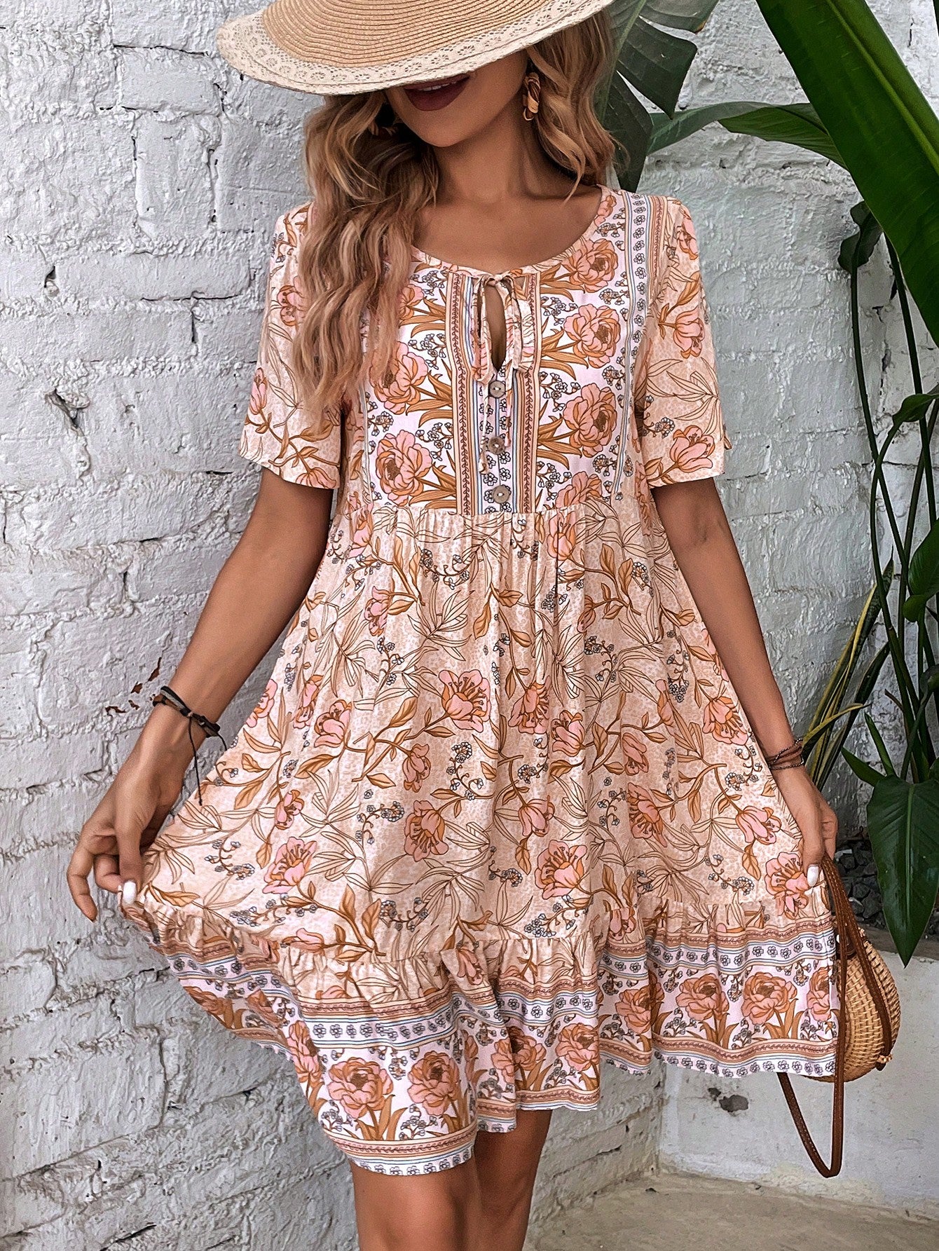 LUNE Floral Print Tie Neck Ruffle Hem Smock Dress