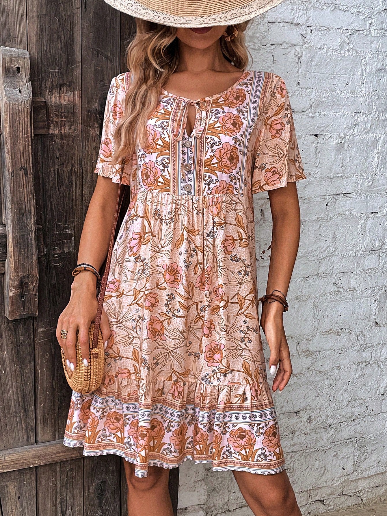 LUNE Floral Print Tie Neck Ruffle Hem Smock Dress