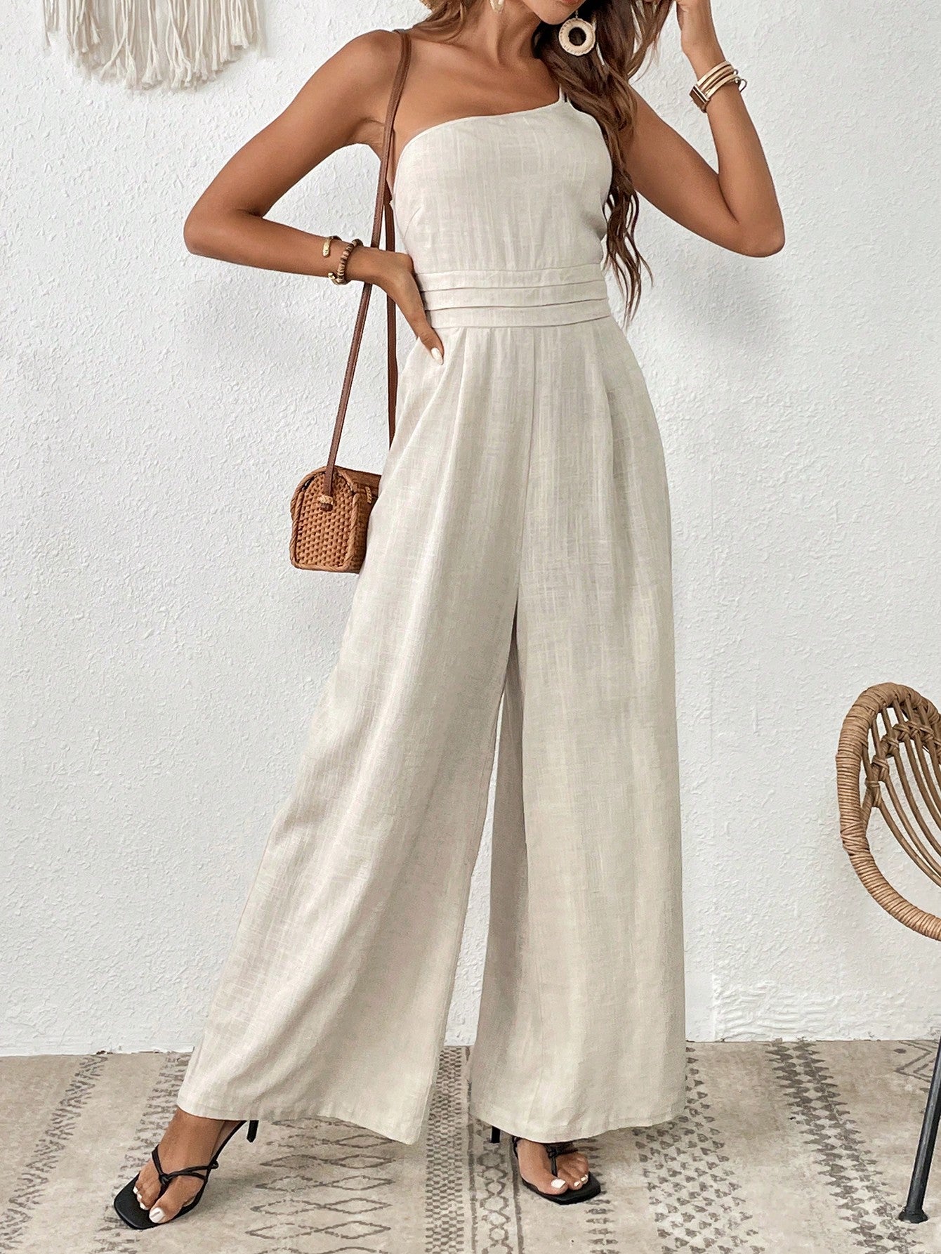 X Tarsha Whitmore SHEIN VCAY One Shoulder Wide Leg Jumpsuit