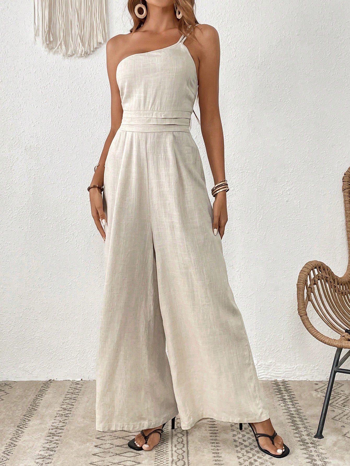 X Tarsha Whitmore SHEIN VCAY One Shoulder Wide Leg Jumpsuit