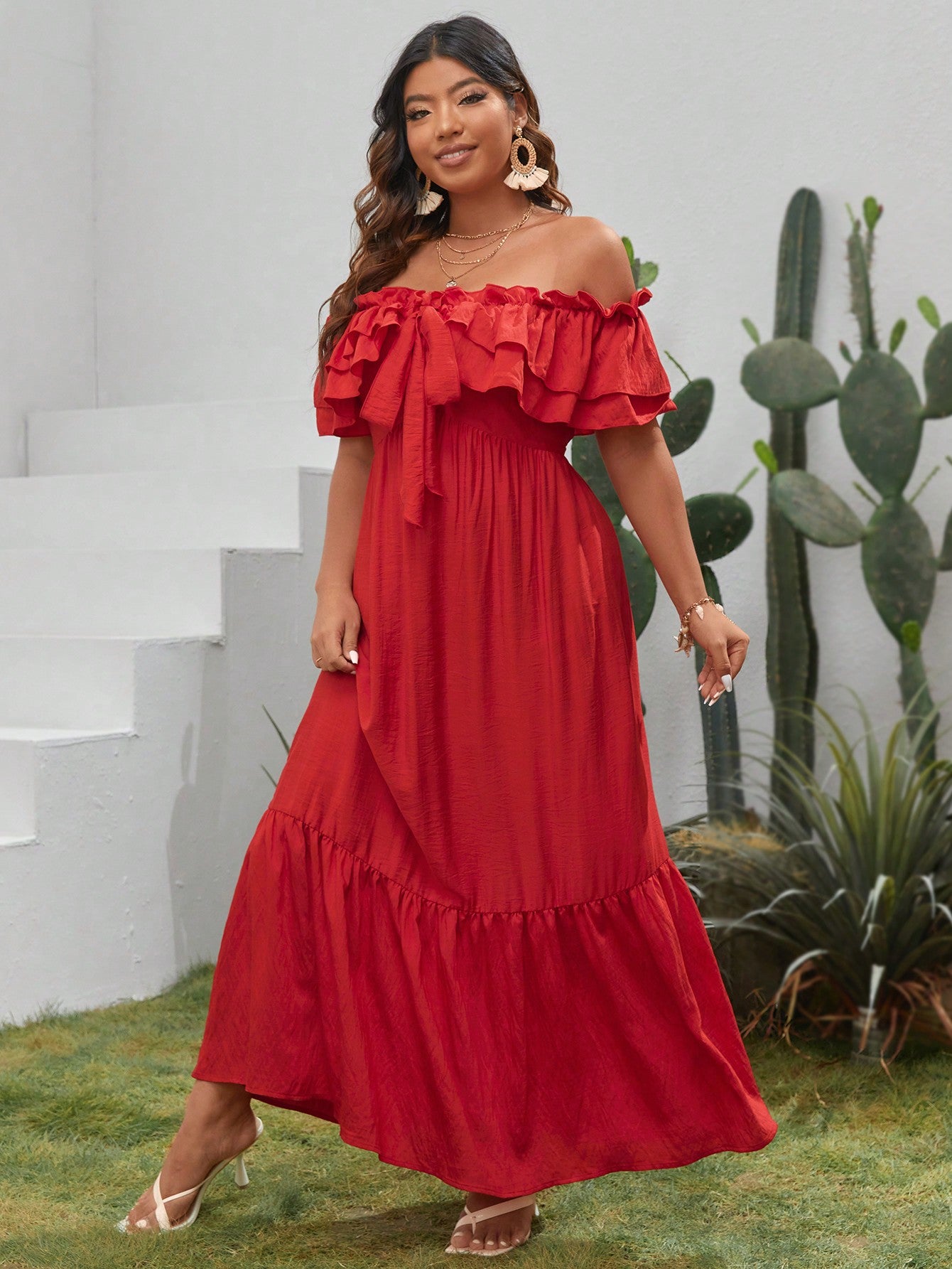 VCAY Plus Off Shoulder Knot Front Ruffle Trim Ruffle Hem Summer Dress