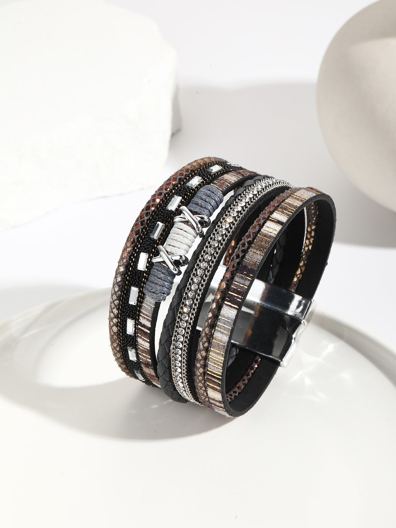 1pc Bohemia Style Wide Band Bracelet With Crystal Rhinestone Decor Wrapped Wire Bracelet Multi-layered Pu Leather Magnetic Clasp Bracelet For Women