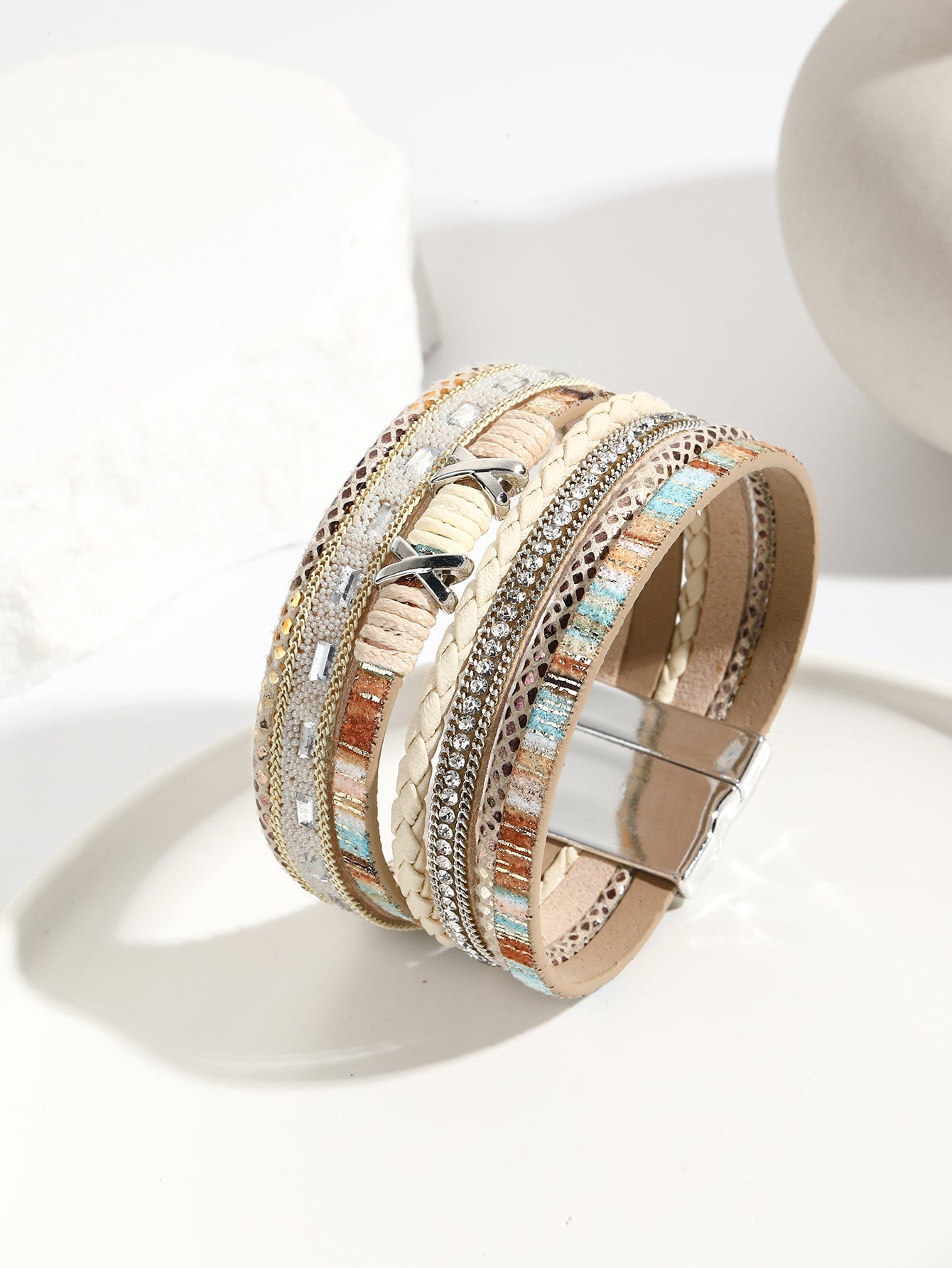 1pc Bohemia Style Wide Band Bracelet With Crystal Rhinestone Decor Wrapped Wire Bracelet Multi-layered Pu Leather Magnetic Clasp Bracelet For Women