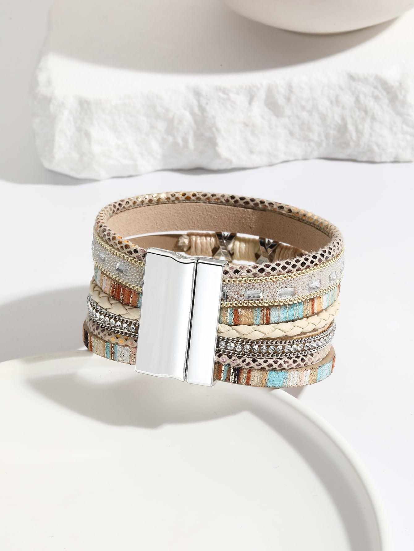 1pc Bohemia Style Wide Band Bracelet With Crystal Rhinestone Decor Wrapped Wire Bracelet Multi-layered Pu Leather Magnetic Clasp Bracelet For Women