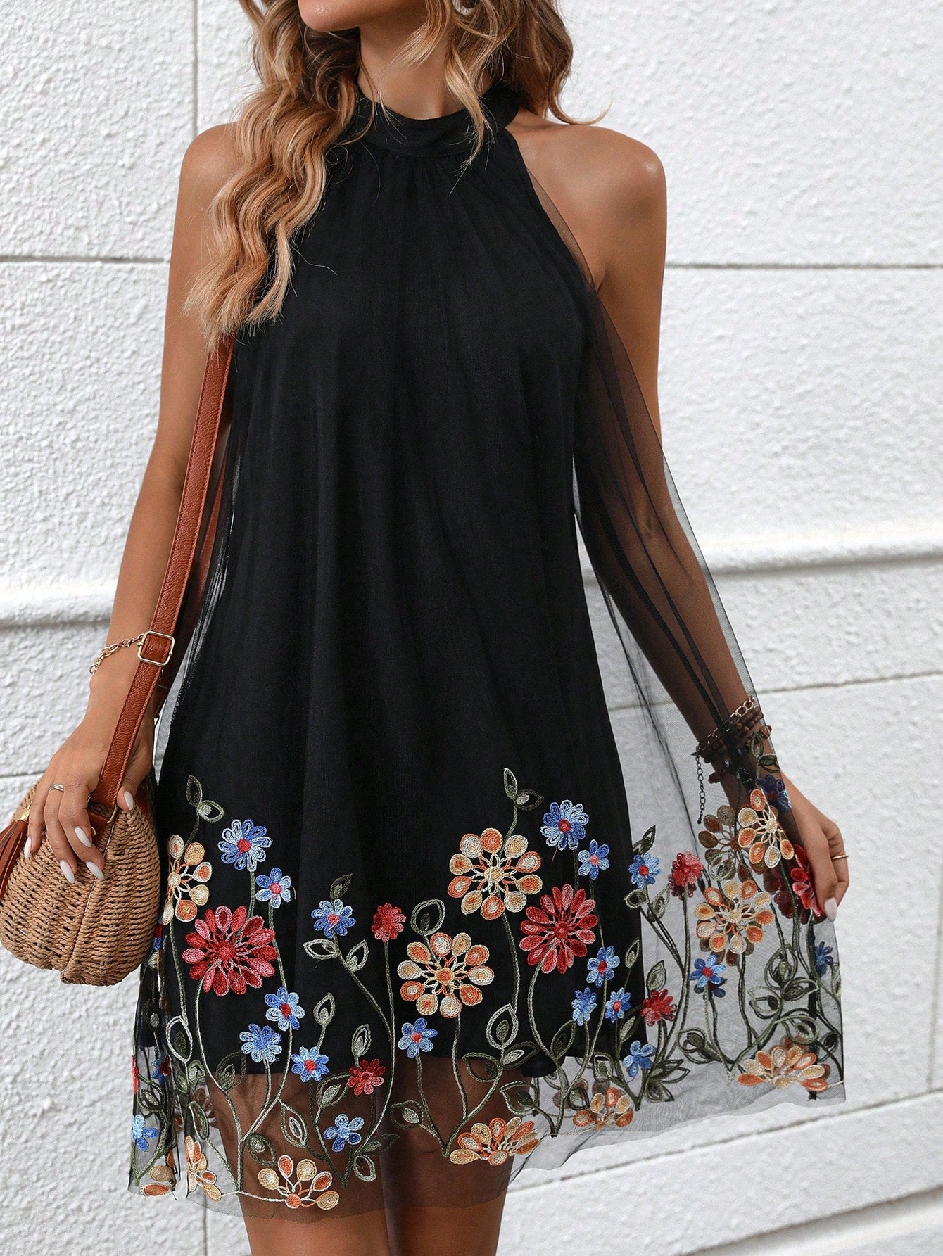 Holidaya Floral Embroidery Mesh Overlay Halter Dress