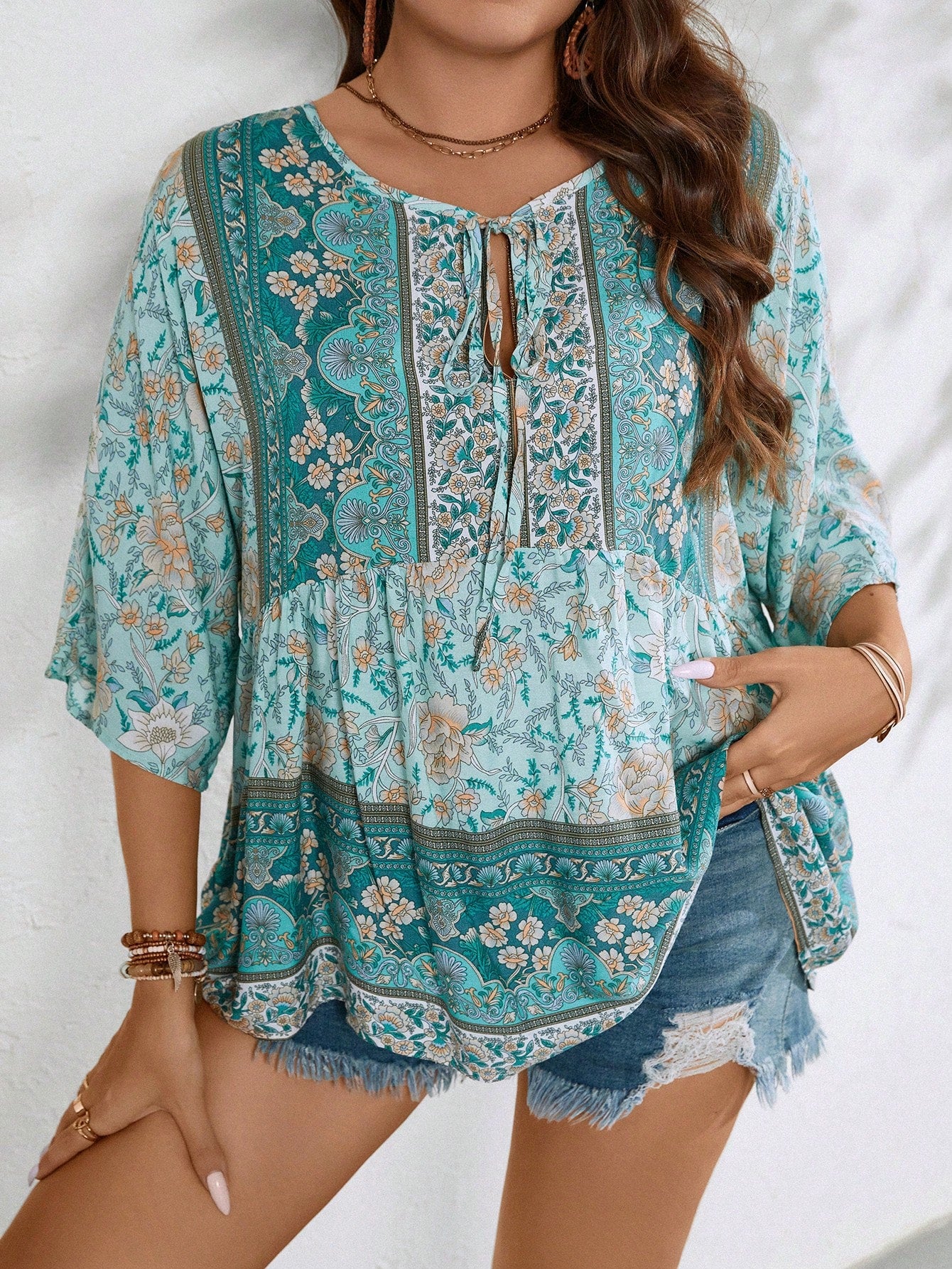 Plus Size Casual Summer Floral Print Shirt With Tie Knot Neckline