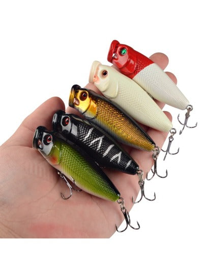 5pcs Popper Fishing Lure 6.5cm/9g Hard Bait Artificial Topwater Bass Trout Pike Wobbler Fishing Tackle With 2 Treble Hooks