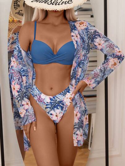 Swim Summer Beach Tropical Print Push Up Bikini Set With Kimono