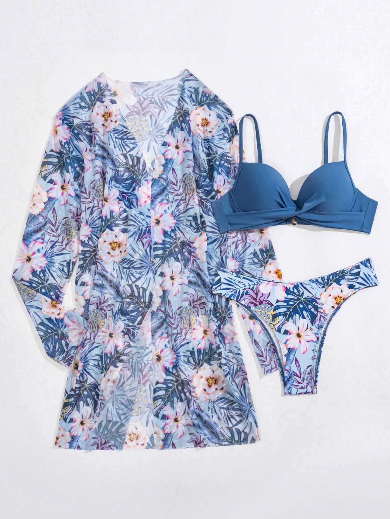 Swim Summer Beach Tropical Print Push Up Bikini Set With Kimono