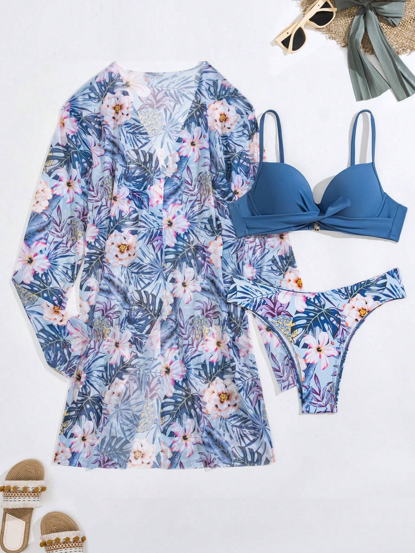 Swim Summer Beach Tropical Print Push Up Bikini Set With Kimono