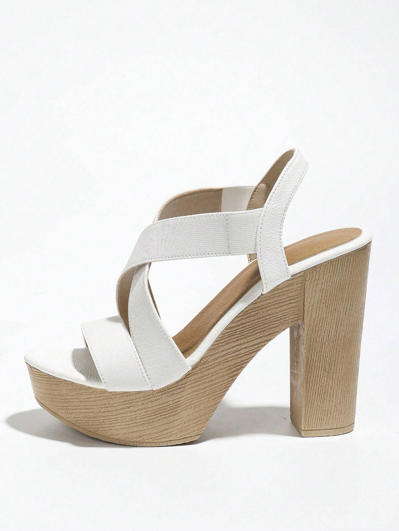 Women Criss Cross Chunky Heeled Slingback Sandals, Elegant Summer White Elastic Heeled Sandals