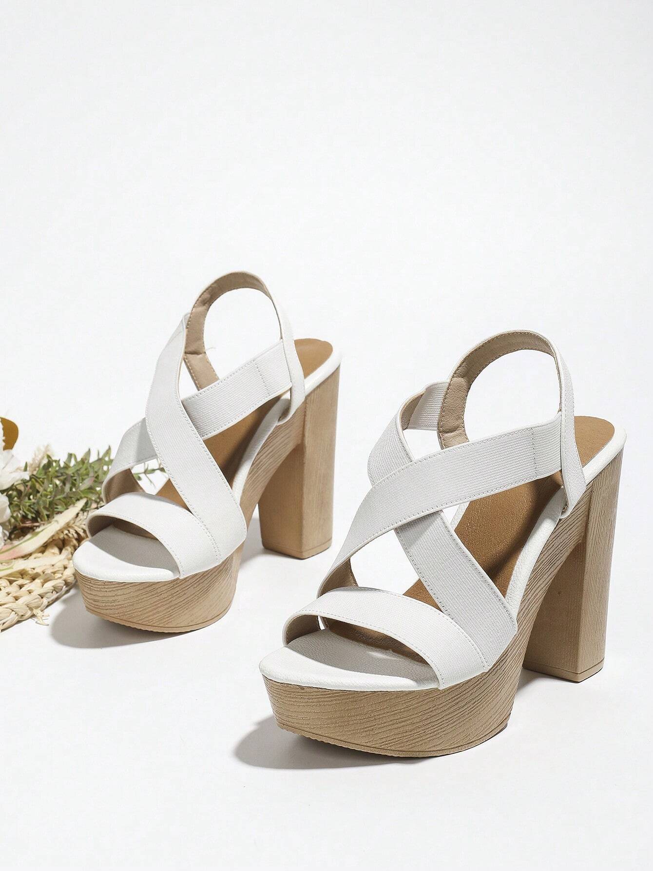 Women Criss Cross Chunky Heeled Slingback Sandals, Elegant Summer White Elastic Heeled Sandals