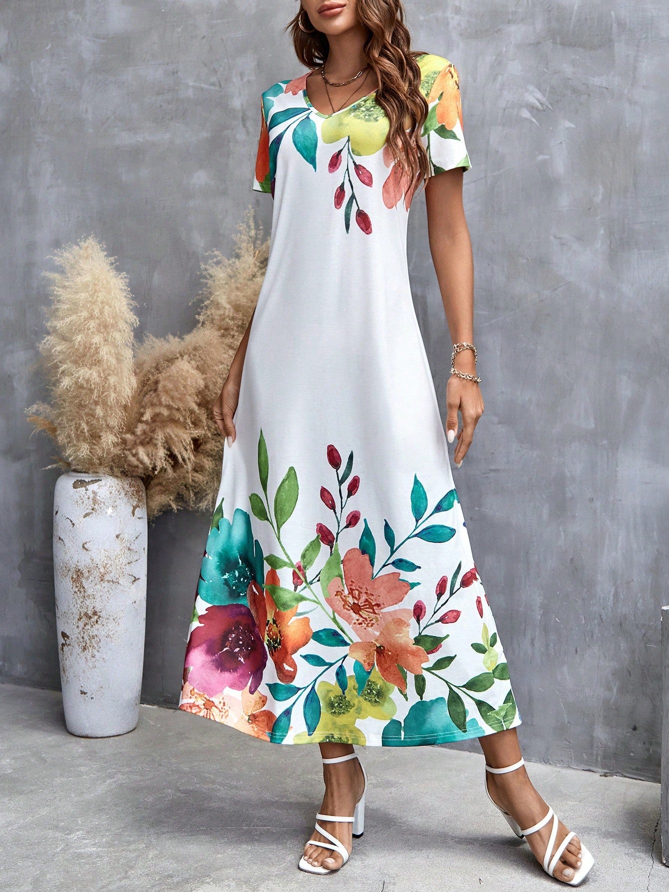 EMERY ROSE Floral Print Split Hem Tee Dress