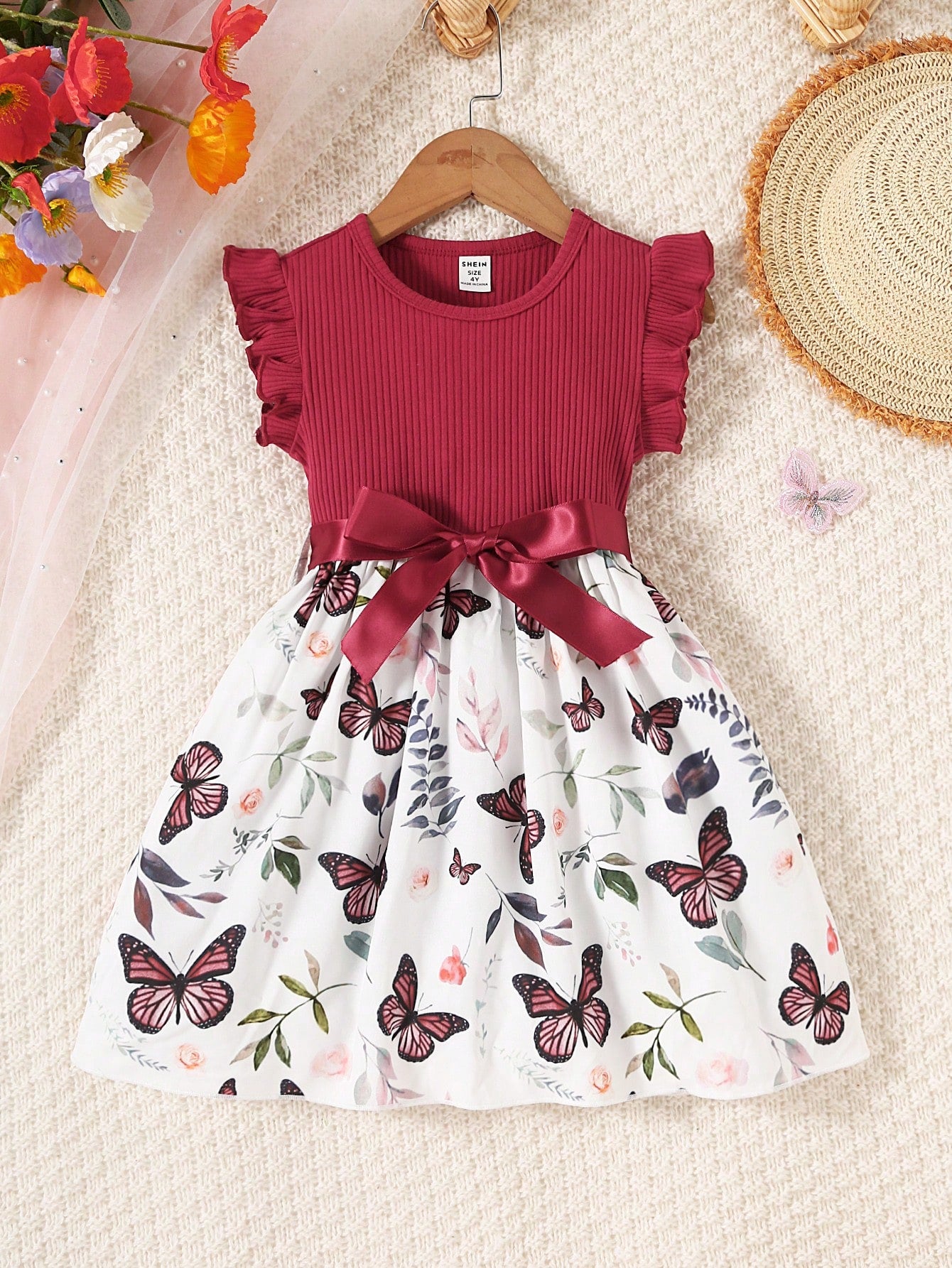 Young Girl Butterfly & Plant Print Belted Dress