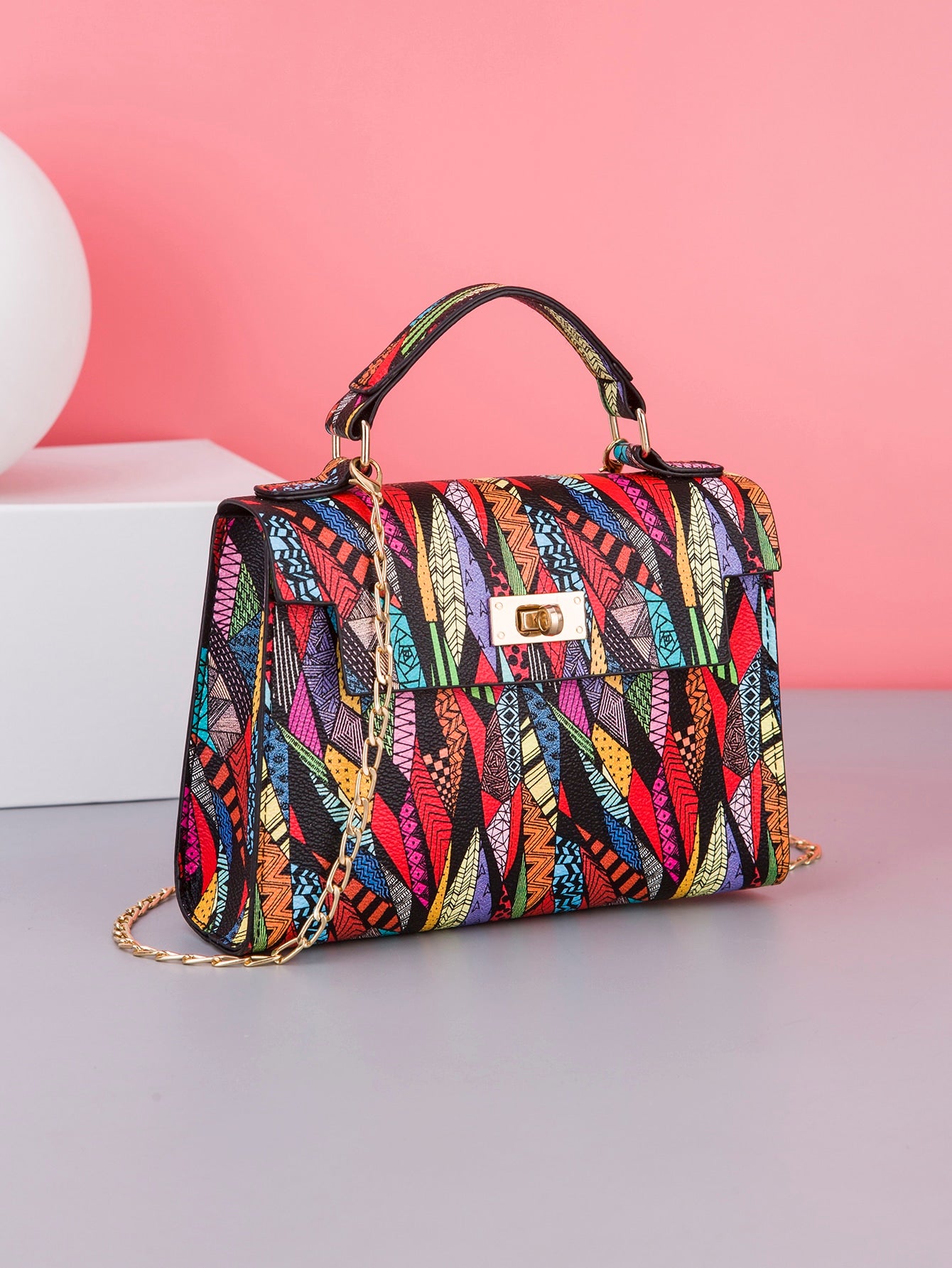 Crossbody Chain Mini Square Bag With Trendy Printed Top Handle And Multicolor Print For Women