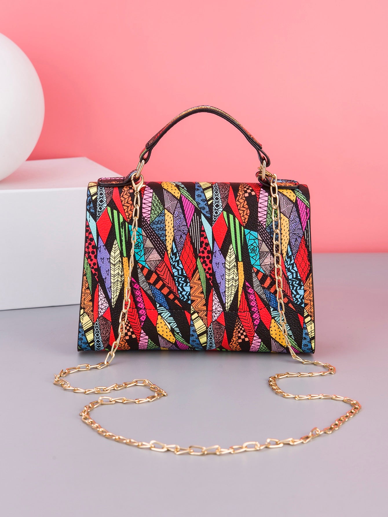 Crossbody Chain Mini Square Bag With Trendy Printed Top Handle And Multicolor Print For Women