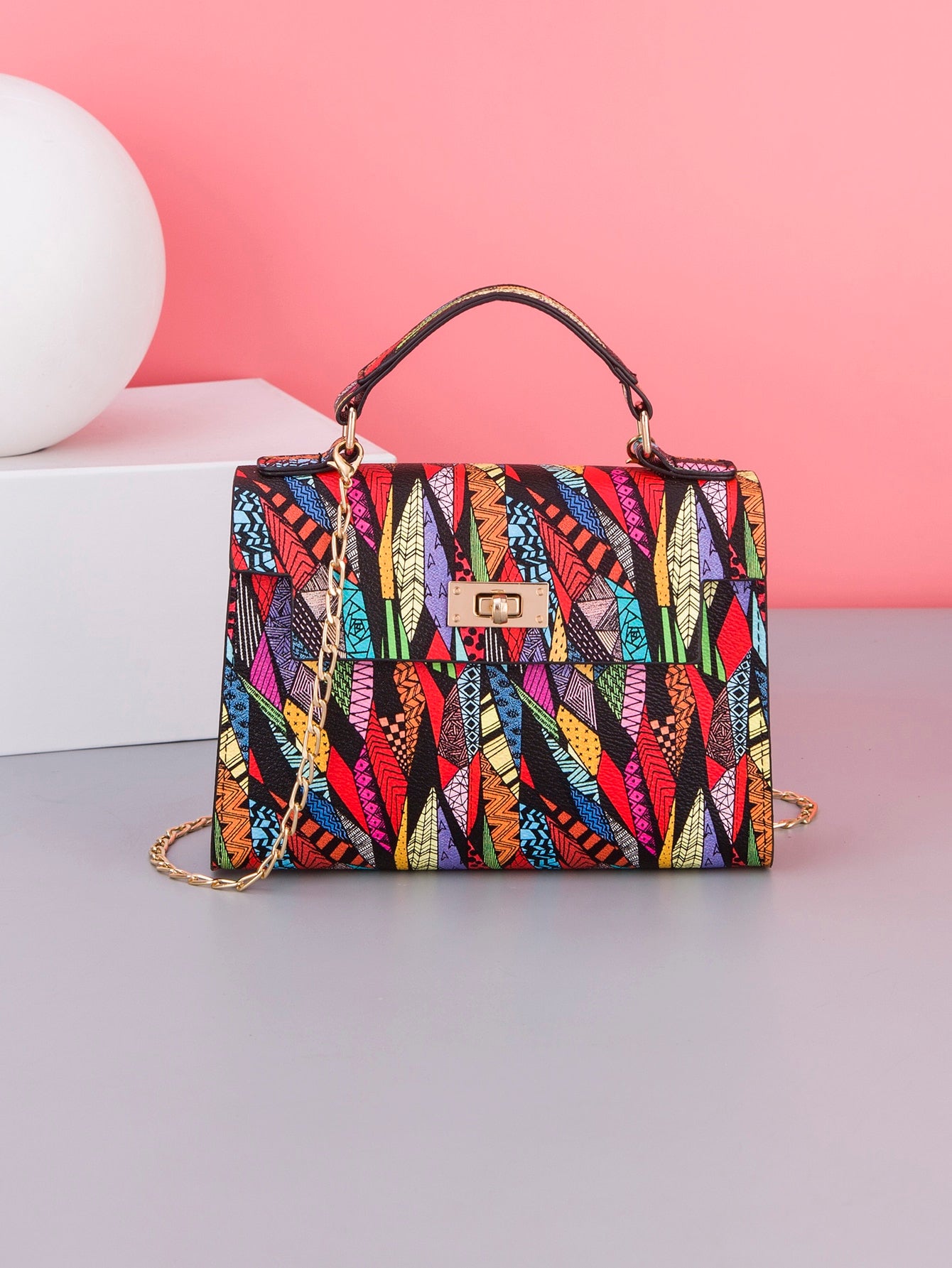 Crossbody Chain Mini Square Bag With Trendy Printed Top Handle And Multicolor Print For Women