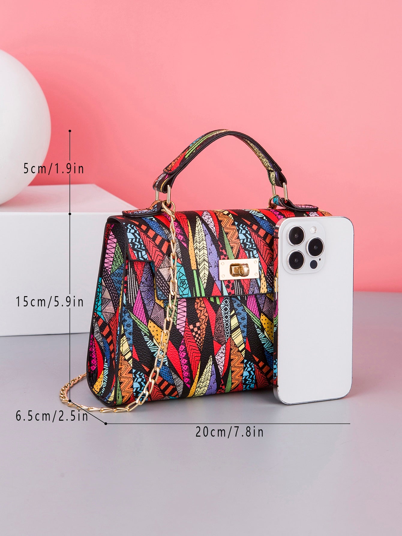 Crossbody Chain Mini Square Bag With Trendy Printed Top Handle And Multicolor Print For Women