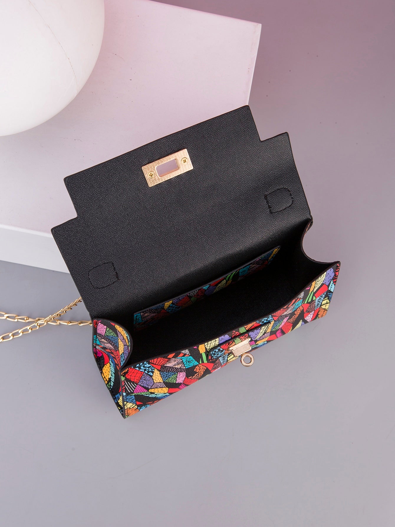 Crossbody Chain Mini Square Bag With Trendy Printed Top Handle And Multicolor Print For Women