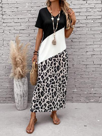 EMERY ROSE Leopard Print Colorblock Long Summer Tee Dress With Seelves