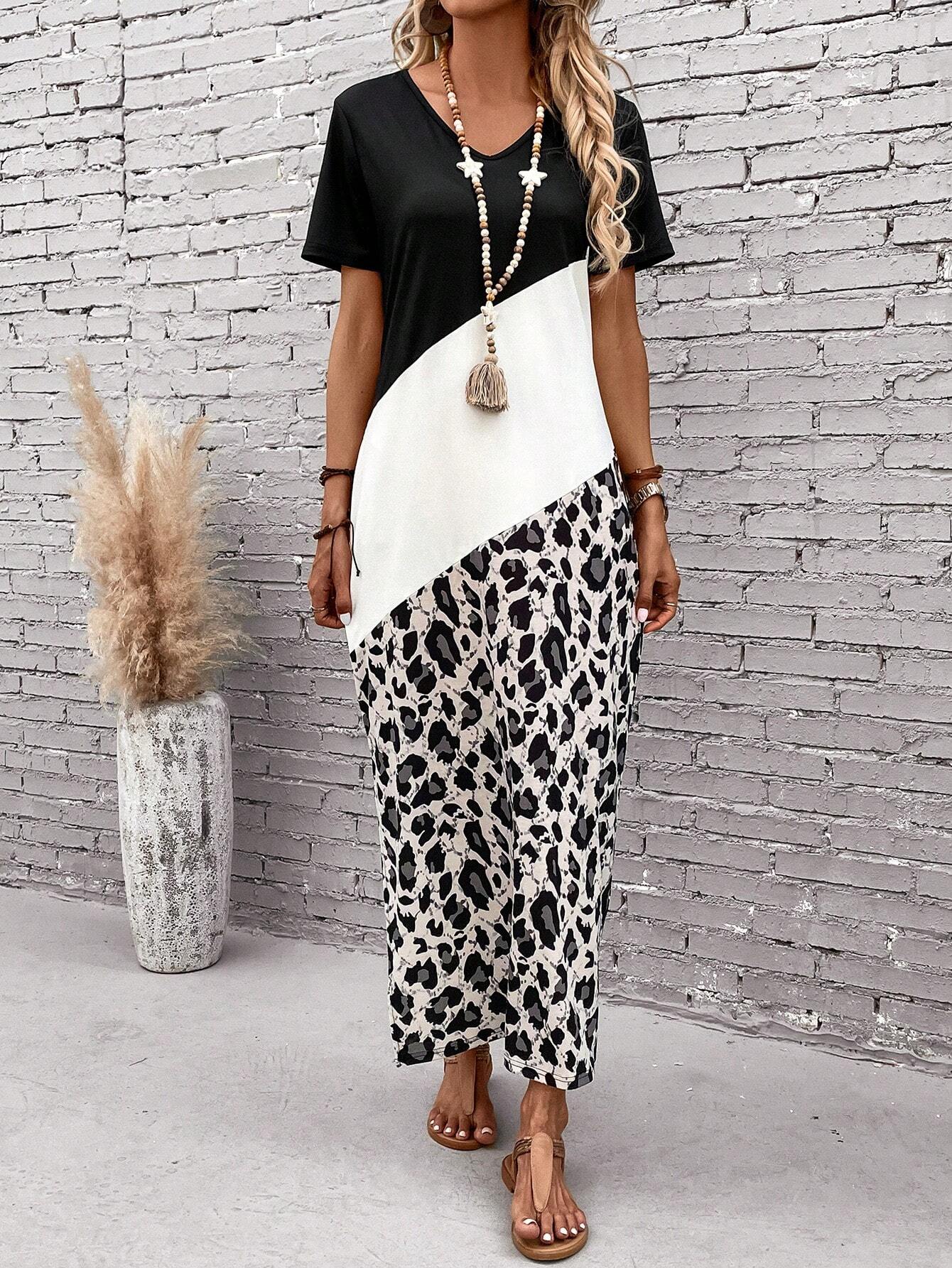 EMERY ROSE Leopard Print Colorblock Long Summer Tee Dress With Seelves