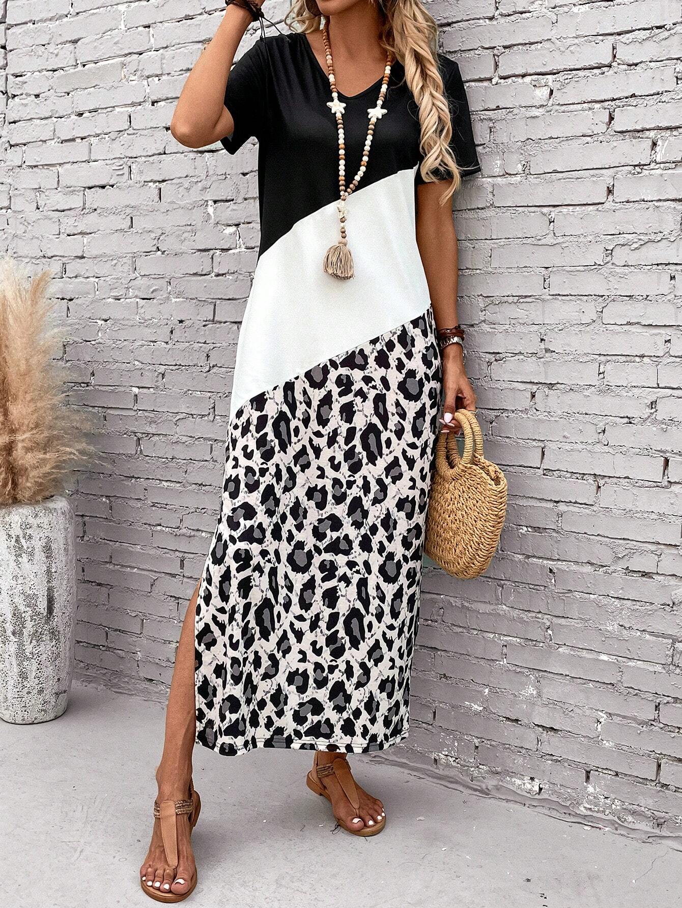 EMERY ROSE Leopard Print Colorblock Long Summer Tee Dress With Seelves