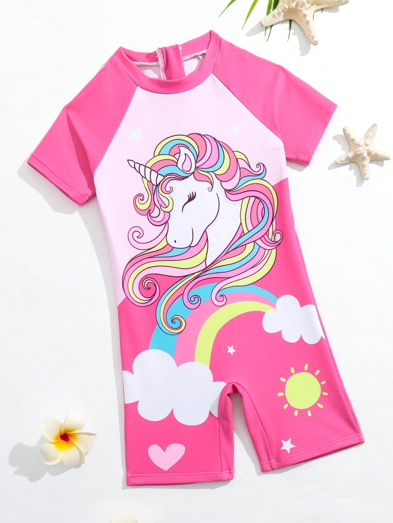 Young Girl Unicorn Print Zipper Back One Piece Swimsuit