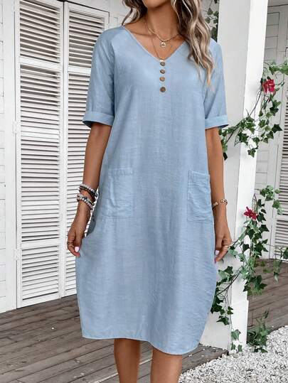 LUNE Women Summer Vacation V-Neck Short Sleeve Pocketed Dress