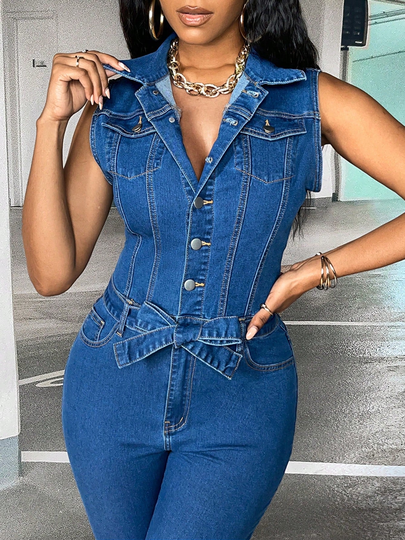 SXY Button Front Belted Denim Jumpsuit