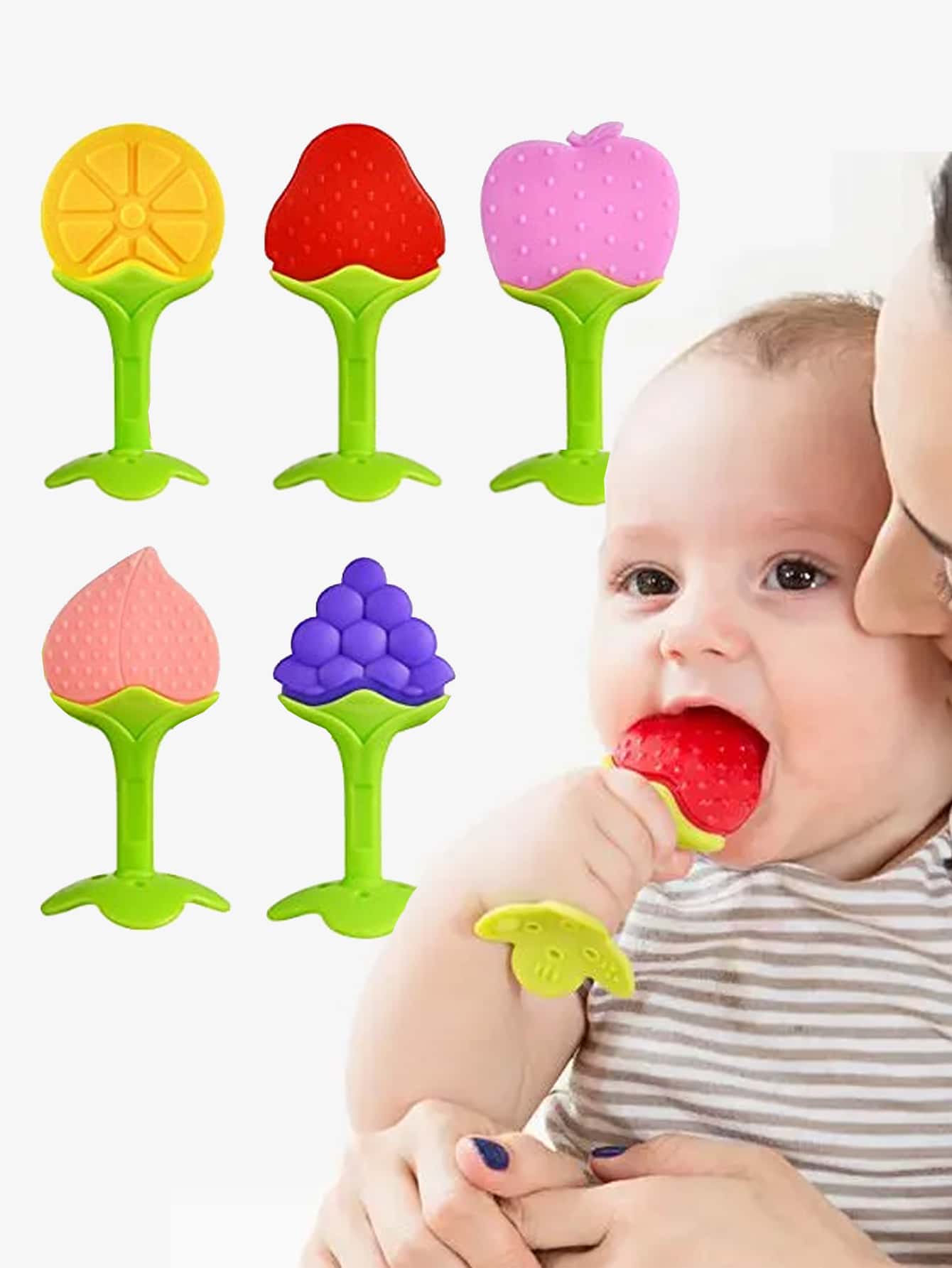 5Pcs/Set Baby Teething Toys Silicone Fruit Shape Teethers Freezer Safe  Soothe Babies Gums Set For Infant And Toddler Gift (Some Parts May Be Random)