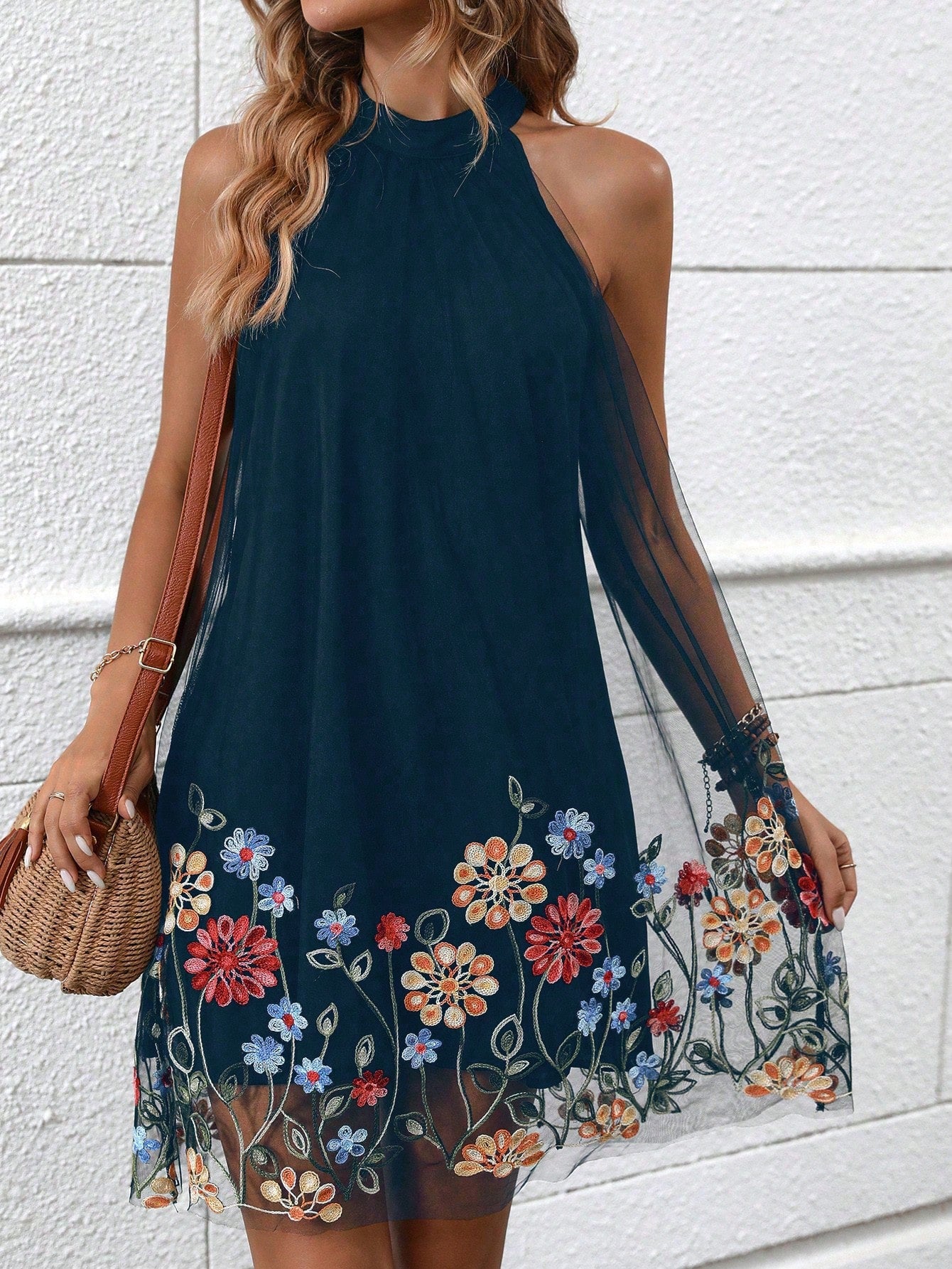 Holidaya Floral Embroidery Mesh Overlay Halter Dress