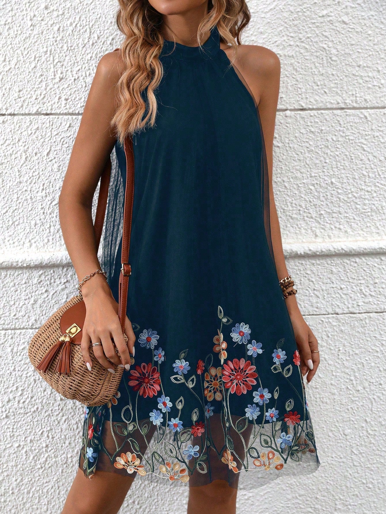 Holidaya Floral Embroidery Mesh Overlay Halter Dress