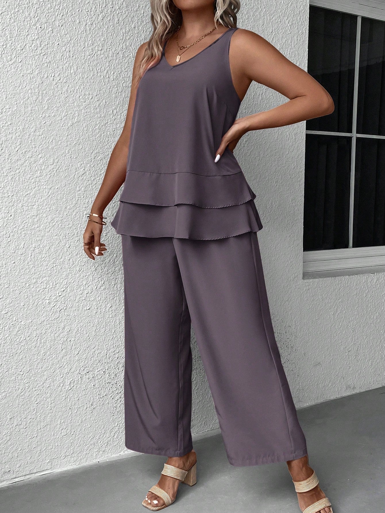 EMERY ROSE Summer Plus Solid Tank Top & Wide Leg Pants