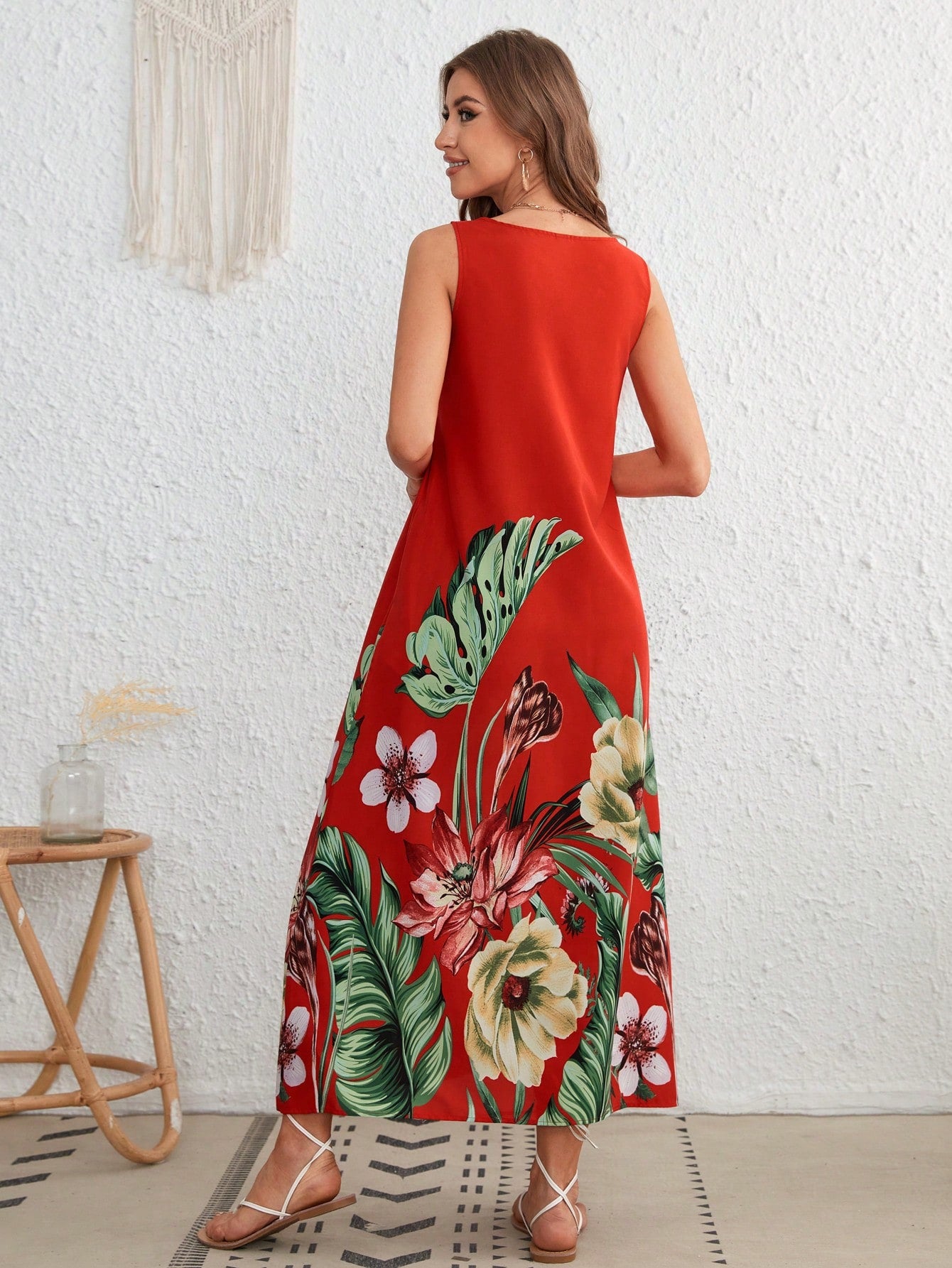 VCAY Red Position Tropical Print Sleeveless Tank Summer Beach Woman Dress