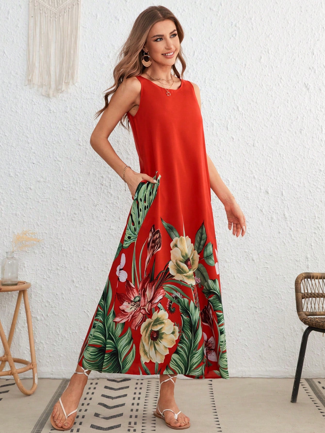 VCAY Red Position Tropical Print Sleeveless Tank Summer Beach Woman Dress