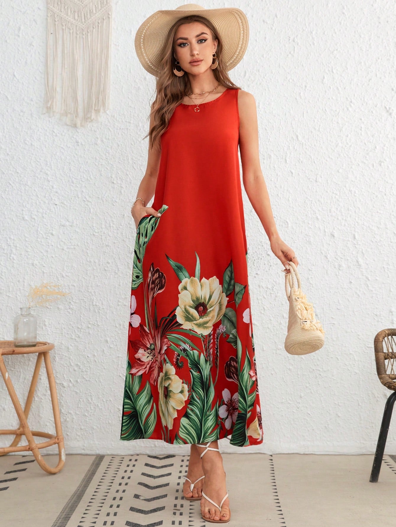 VCAY Red Position Tropical Print Sleeveless Tank Summer Beach Woman Dress