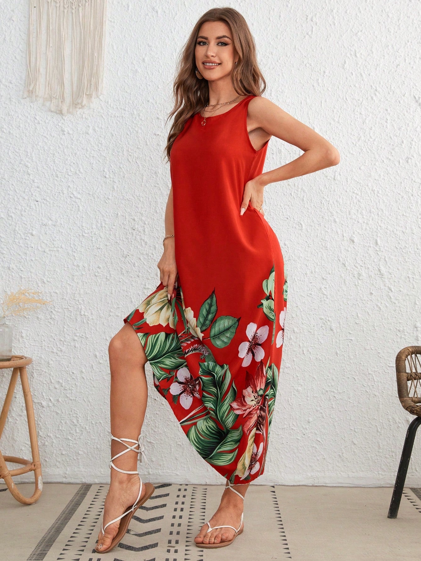 VCAY Red Position Tropical Print Sleeveless Tank Summer Beach Woman Dress