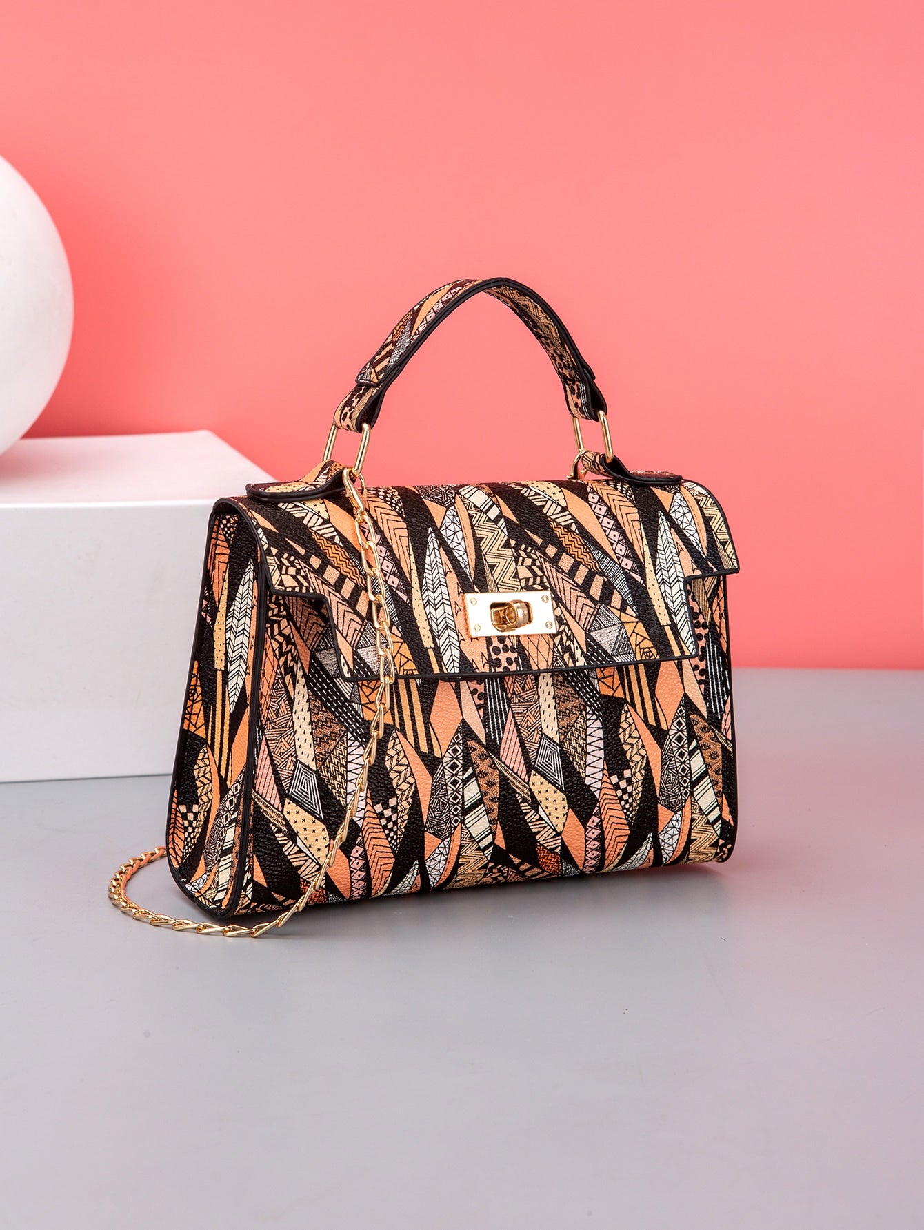 Crossbody Chain Mini Square Bag With Trendy Printed Top Handle And Multicolor Print For Women