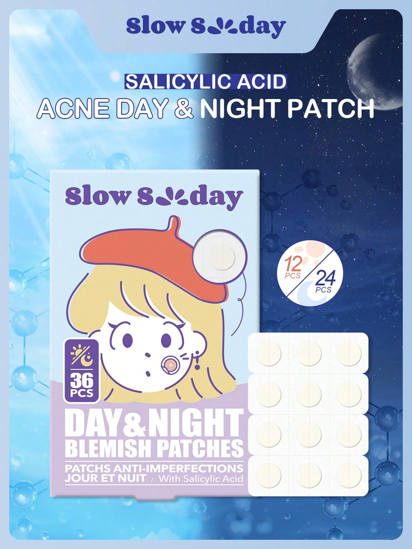 SlowSunday Hydrocolloid Acne Pimple Night Patch 12 PCS, For Covering Zits And Blemishes, Spot Stickers For Face And Skin, Overnight Working Spot Patches Pimple Patches For Acne