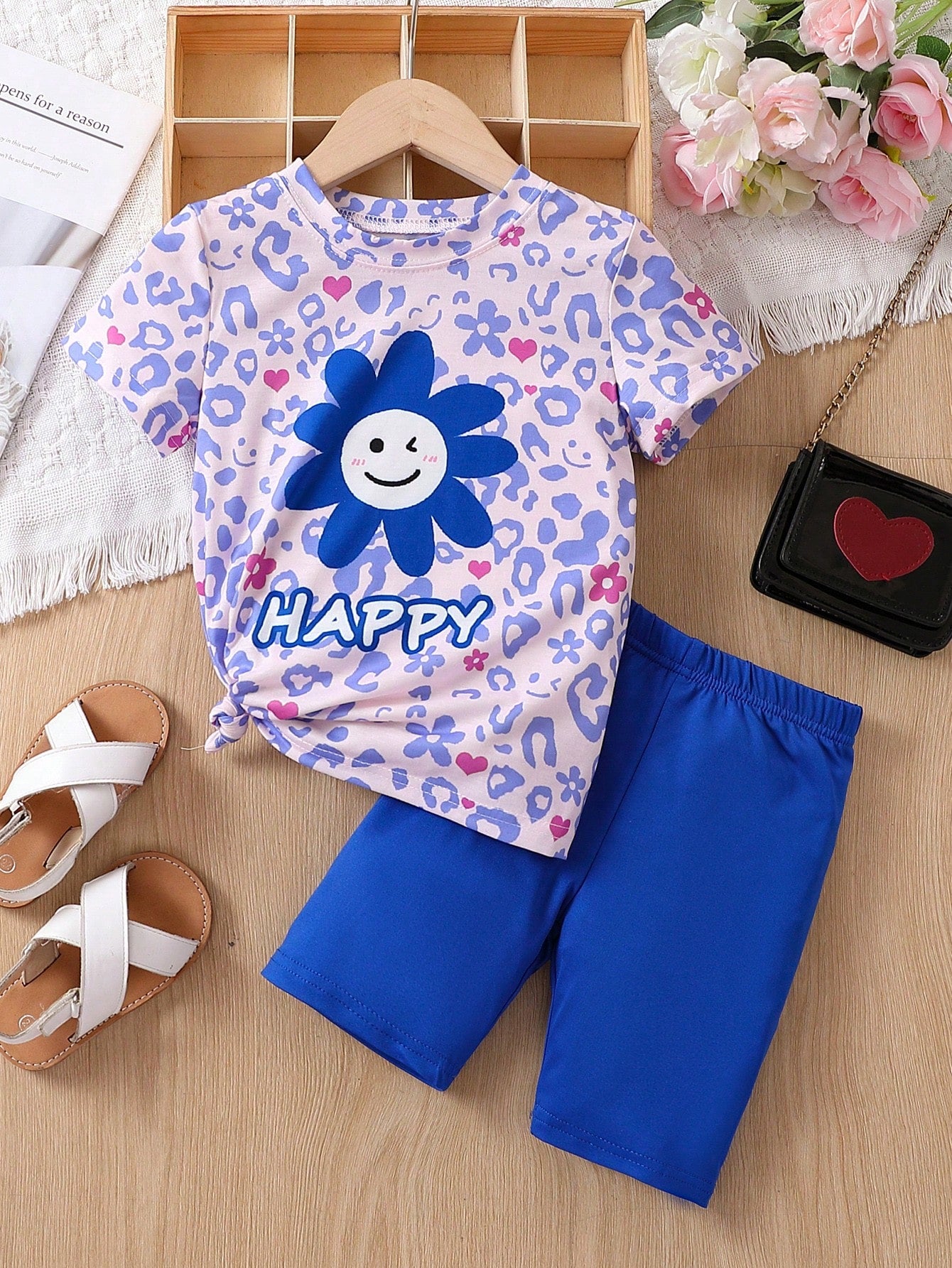 Young Girl Cartoon & Letter Graphic Tee & Shorts