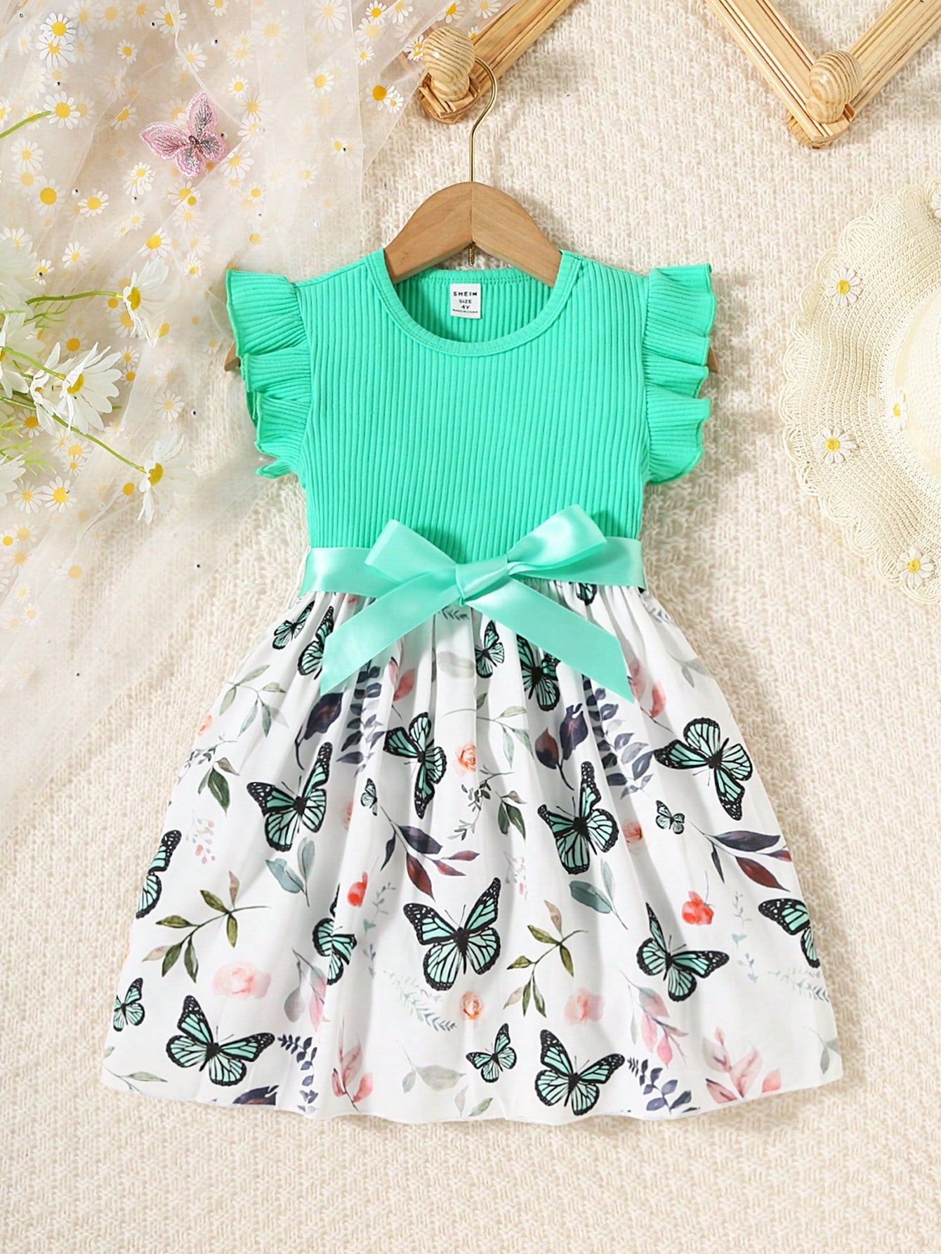 Young Girl Butterfly & Plant Print Belted Dress