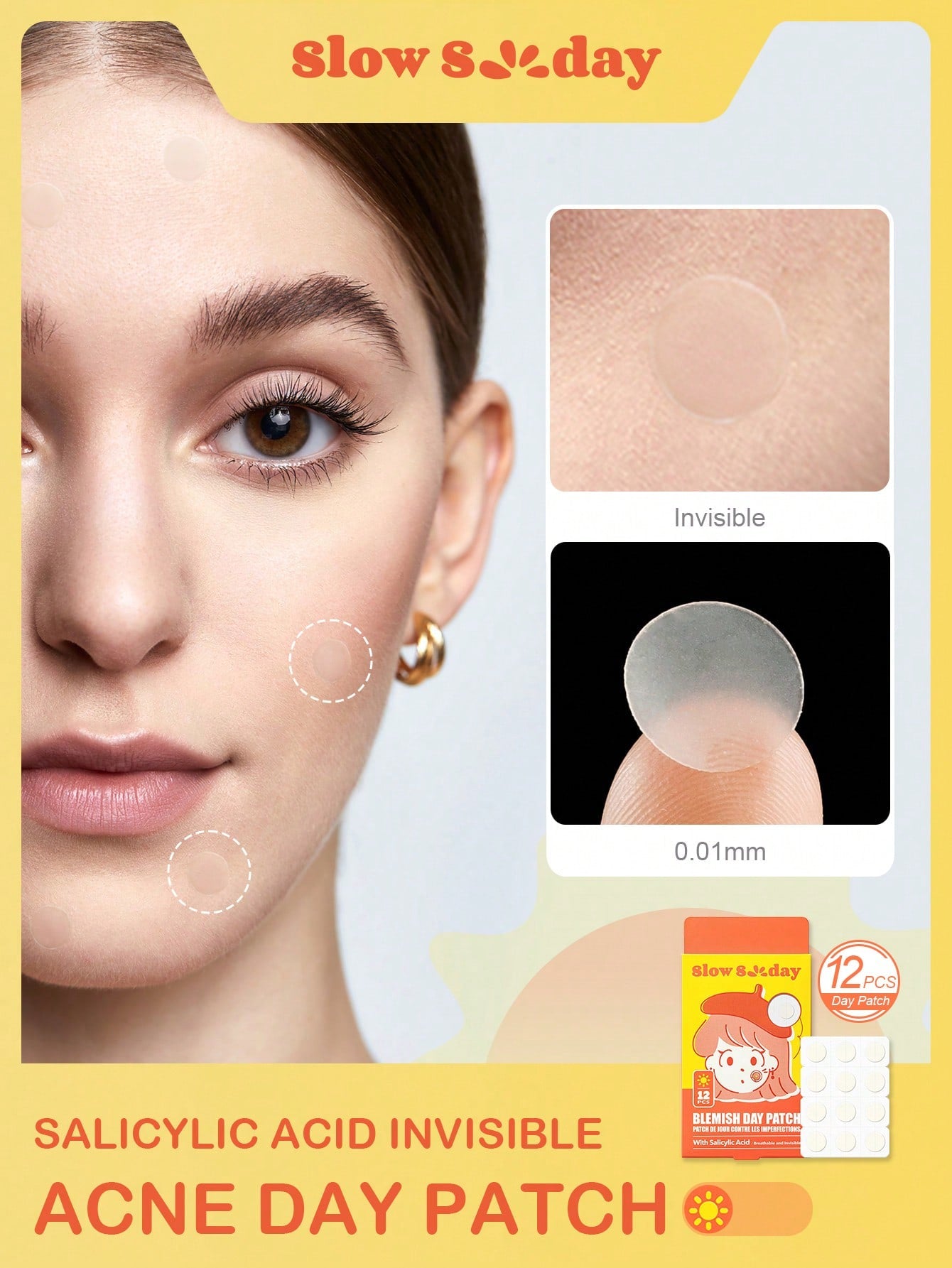 SlowSunday Hydrocolloid Acne Pimple Night Patch 12 PCS, For Covering Zits And Blemishes, Spot Stickers For Face And Skin, Overnight Working Spot Patches Pimple Patches For Acne