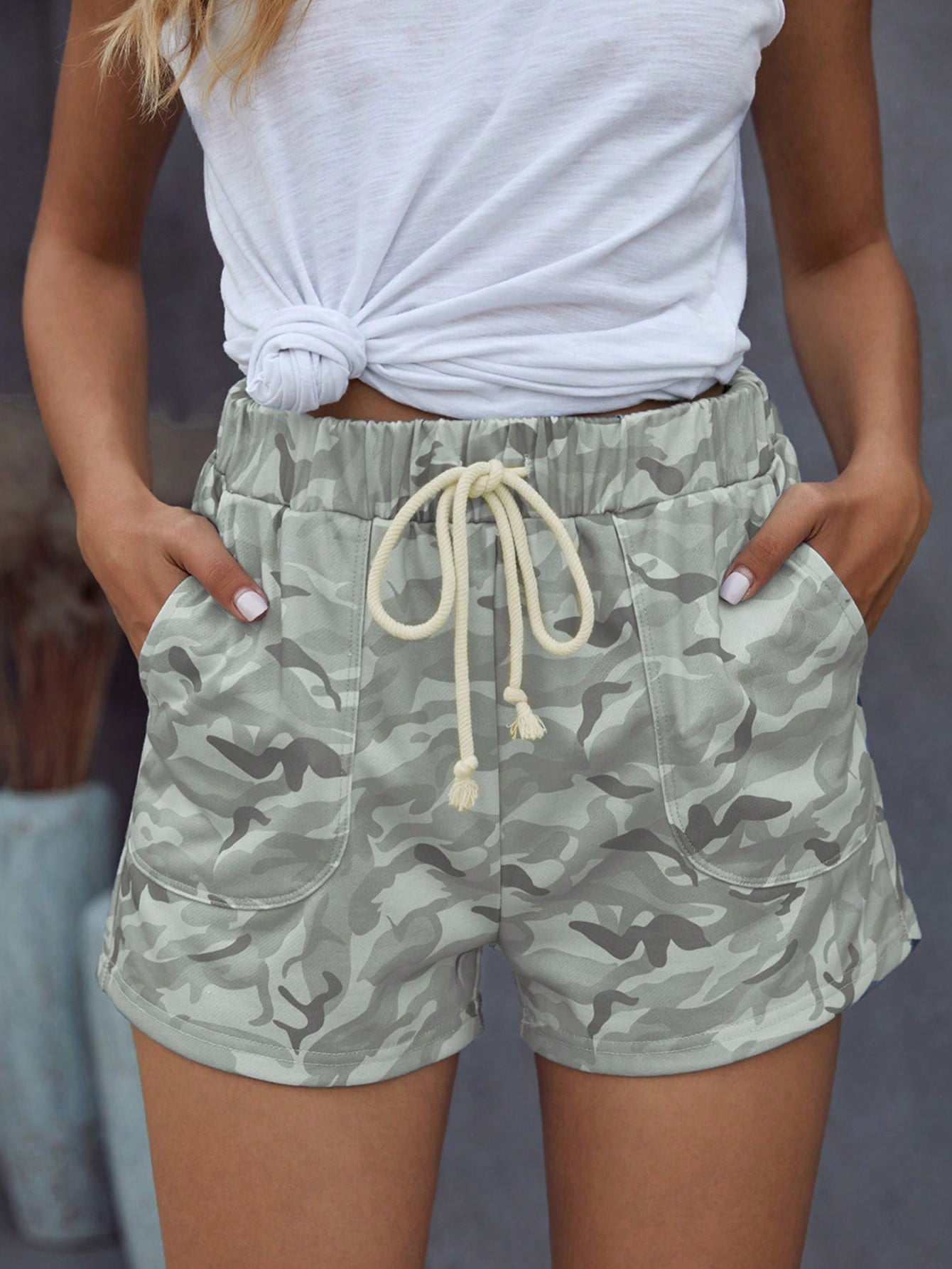 LUNE Camo Slant Pockets Drawstring Track Shorts