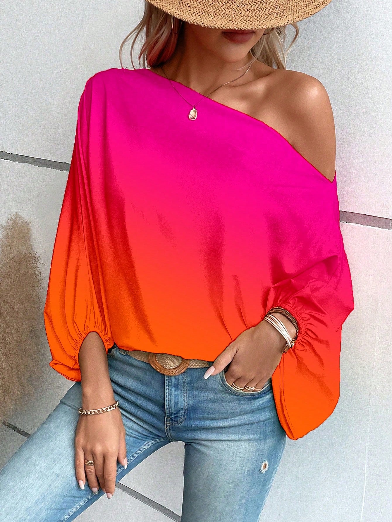 LUNE Ombre Asymmetrical Neck Batwing Sleeve Blouse