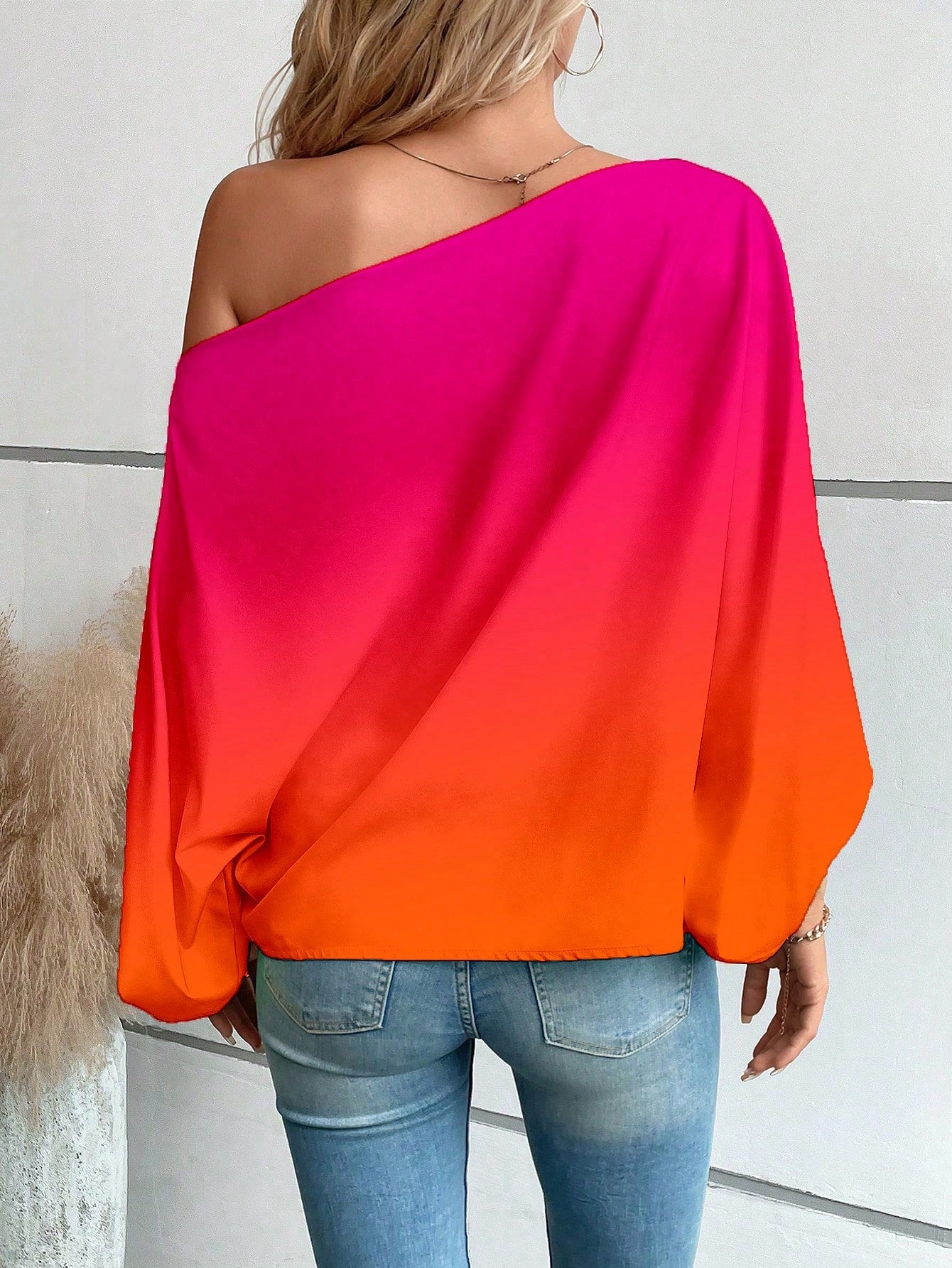 LUNE Ombre Asymmetrical Neck Batwing Sleeve Blouse