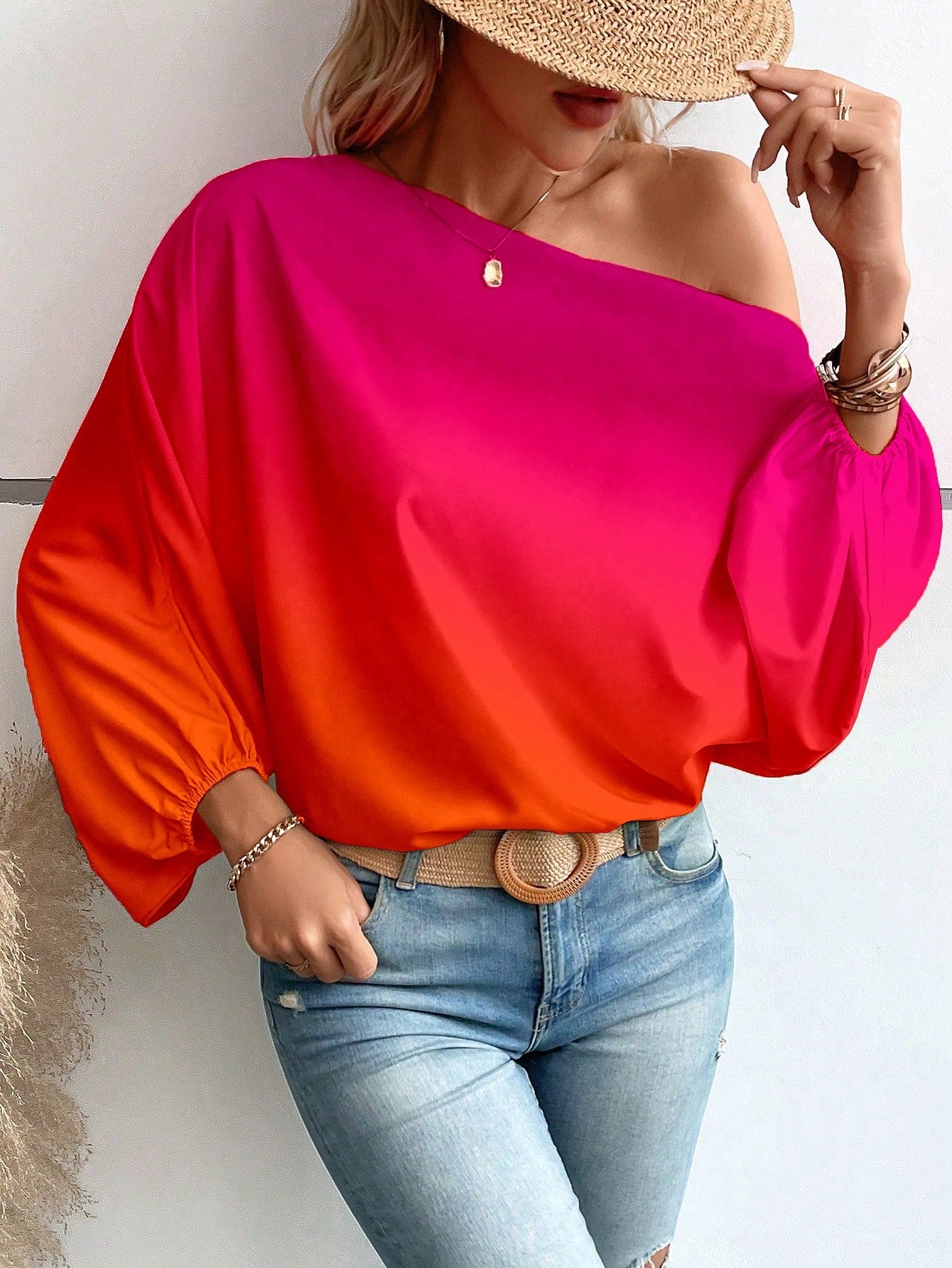 LUNE Ombre Asymmetrical Neck Batwing Sleeve Blouse